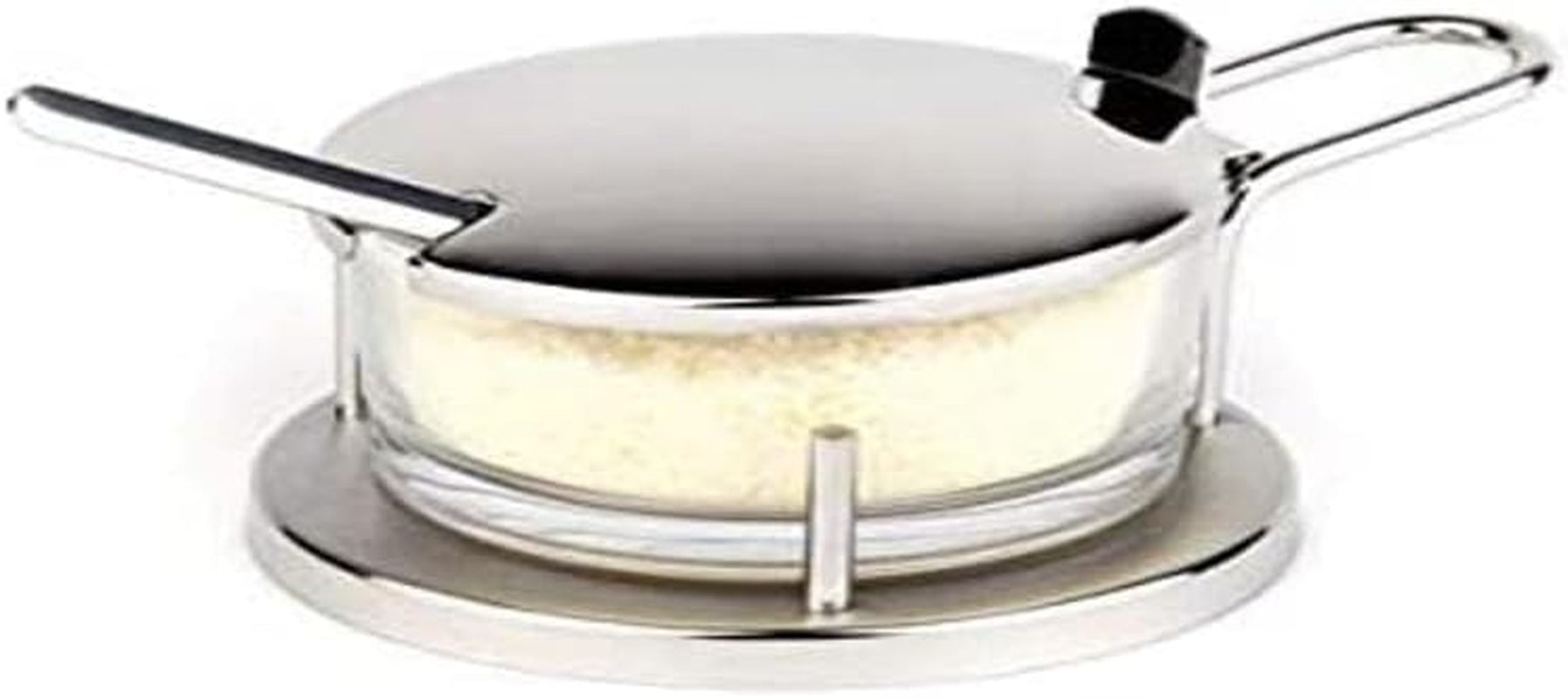 Zestaw do parmezanu APS „Classic”, miska na parmezan, pojemnik na parmezan z łyżką, przezroczyste szkło na parmezan w uchwycie ze stali nierdzewnej, 11 x 15 cm, wysokość 7 cm