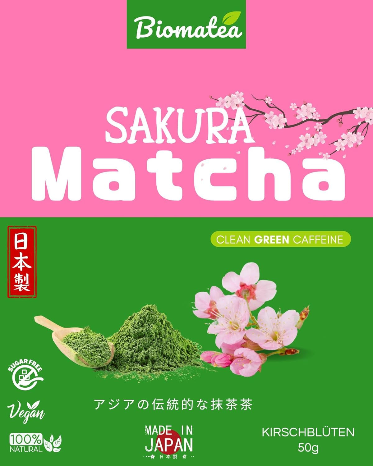 Herbata Sakura Matcha 50g - Ceremonial Grade z Japonii - Zielona herbata Premium z proszkiem z kwiatu Sakura - Pierwsze zbiory, Mielona na kamieniu, Wegańska, Bez dodatków