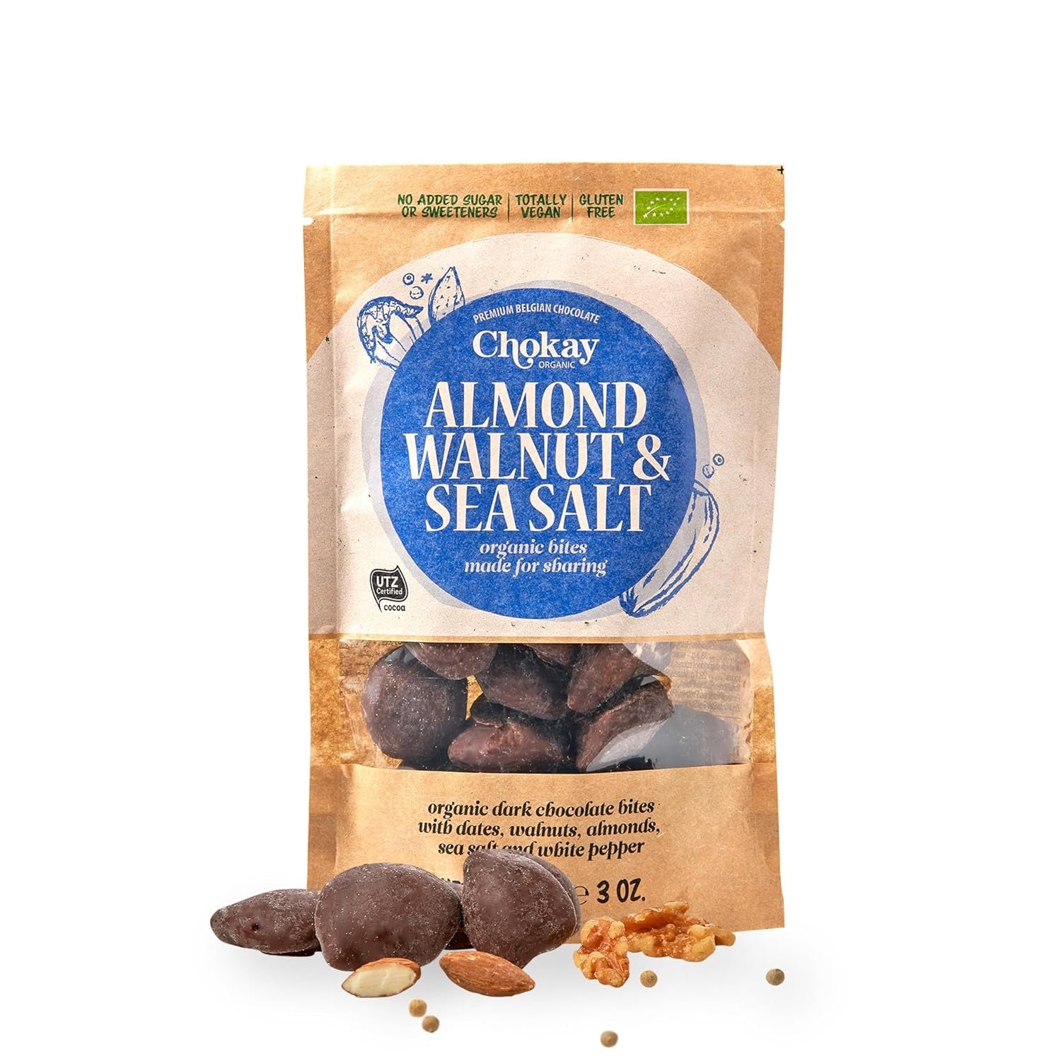 Organic Bites - Migdały Cynamonowe i Migdały Ciemnej Belgijskiej Czekolady / Bez Dodatku Cukru, Bez Słodzików / Wegańskie i Sprawiedliwego Handlu / 1 x 85g