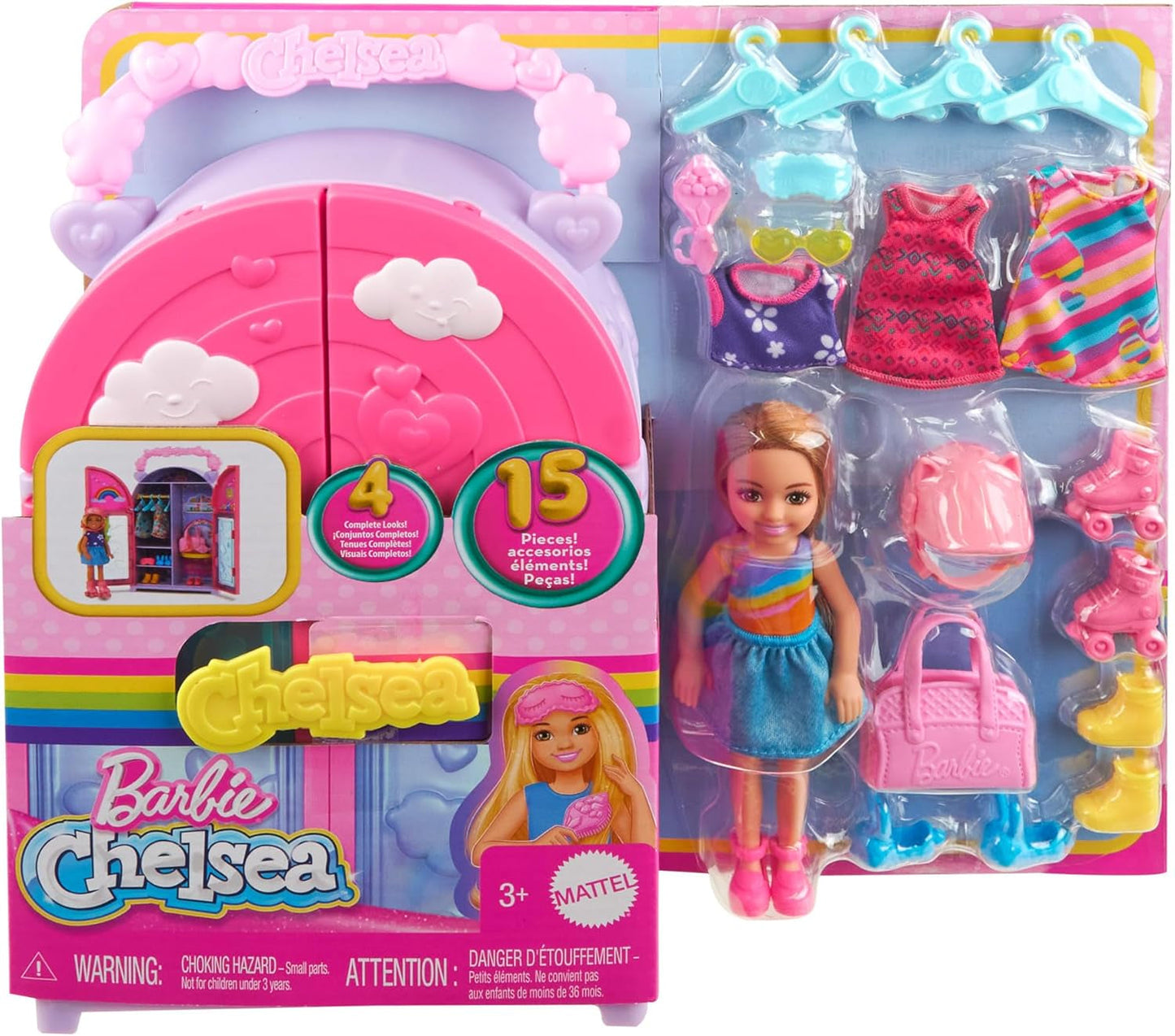 Zestaw lalek Barbie Chelsea z szafą, ubraniami i akcesoriami, 17-częściowy zestaw, składany do zabawy w podróży i przechowywania, lalki HXN03 Naty Shop
