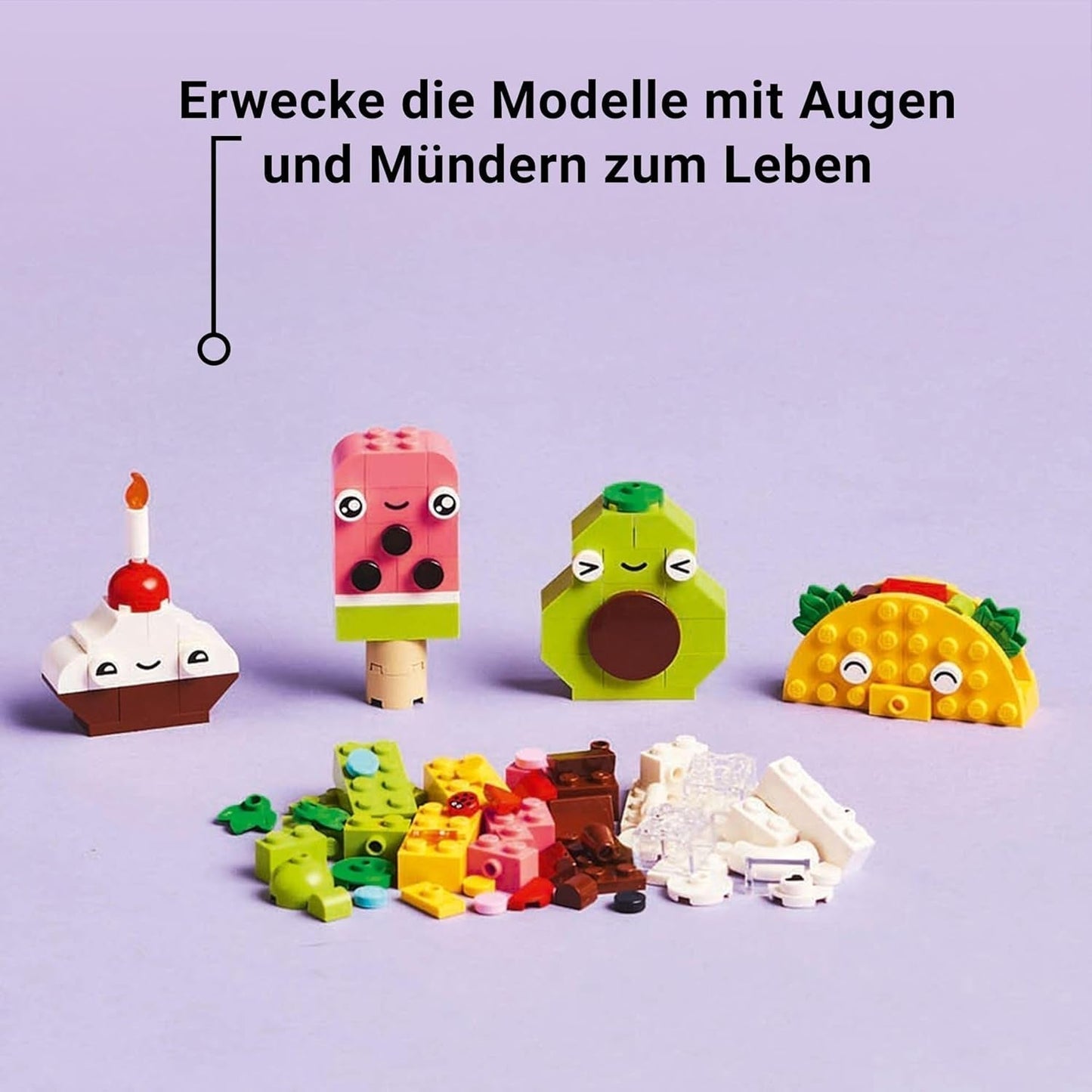 LEGO Classic Kreatywne budowanie przekąsek, zabawka w kształcie jedzenia do pomysłowego odgrywania ról, zestaw do budowania dla chłopców i dziewcząt w wieku 4 lat, babeczka, awokado, lody na patyku i taco 11039 Zestawy do budowania Besuche den LEGO-Store