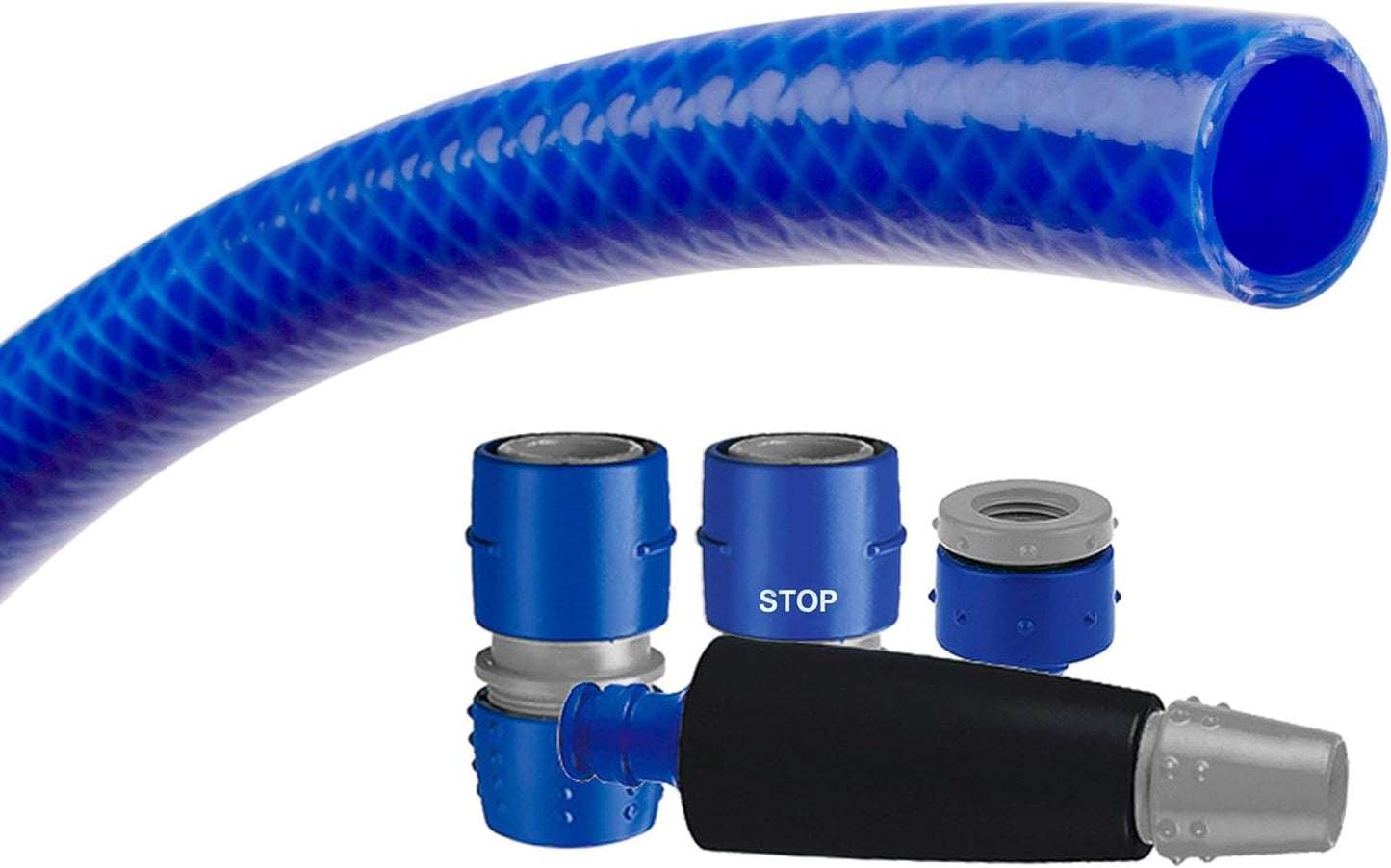 Zestaw węży ogrodowych TATAY Blue Line 10 metrów Ø5/8" 15mm, 3 warstwy, wyprodukowany w Hiszpanii, wytrzymałość 28 bar i +60°/-20°, w oplocie, bez kadmu i ołowiu, bez BPA, anty-UV. Kolor niebieski.