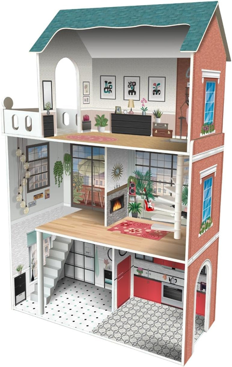 Soho-Madera Design 3-piętrowy domek dla lalek z 8 meblami, rozmiar 120 x 33 x 75 cm (913D00181) Domki dla lalek Naty Shop Domyślny tytuł
