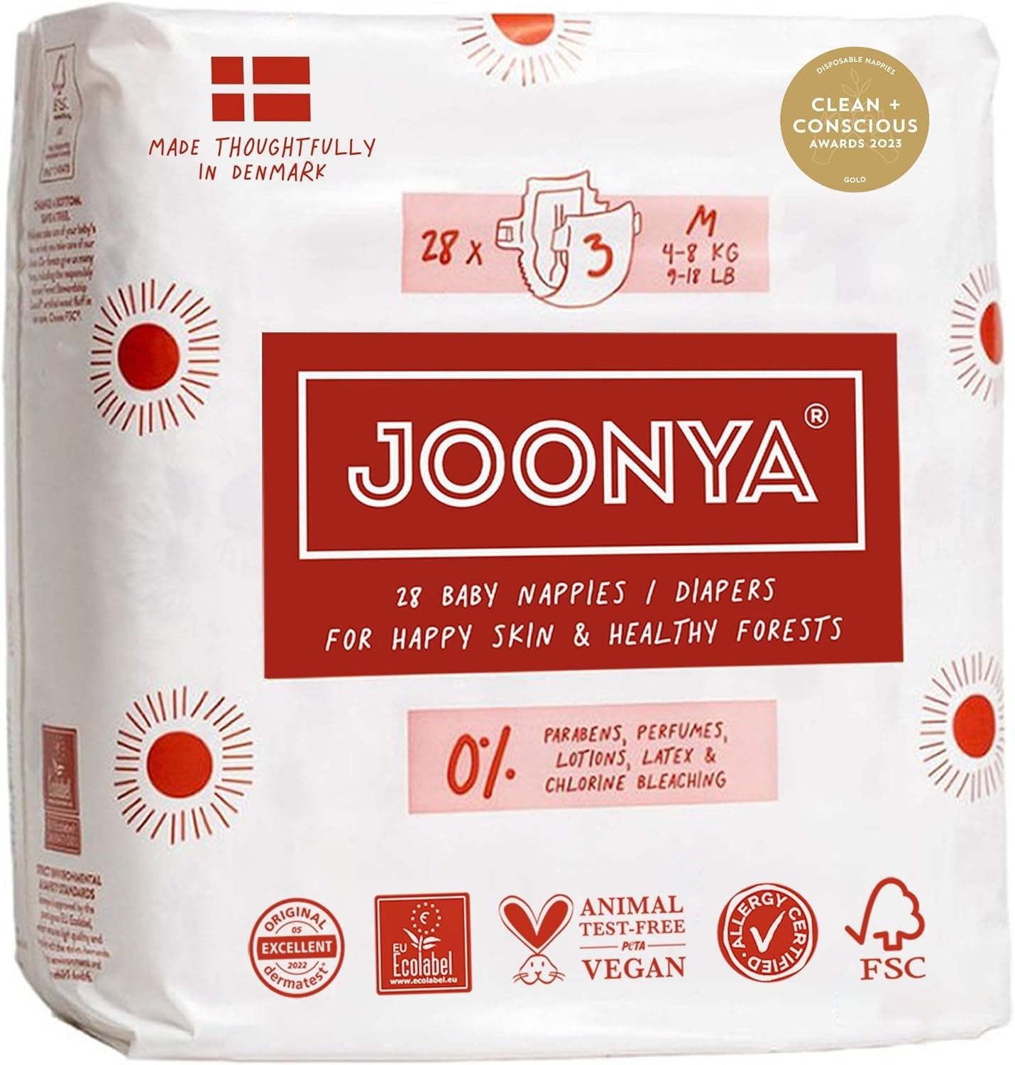 Pieluchy dziecięce rozmiar 3M (4-8 kg) - 1 worek 28 szt. - Nie zawierają szkodliwych substancji, są przyjazne dla środowiska, bardzo chłonne, nadają się do stosowania na noc, ultracienkie i miękkie - Wyprodukowano w Danii
