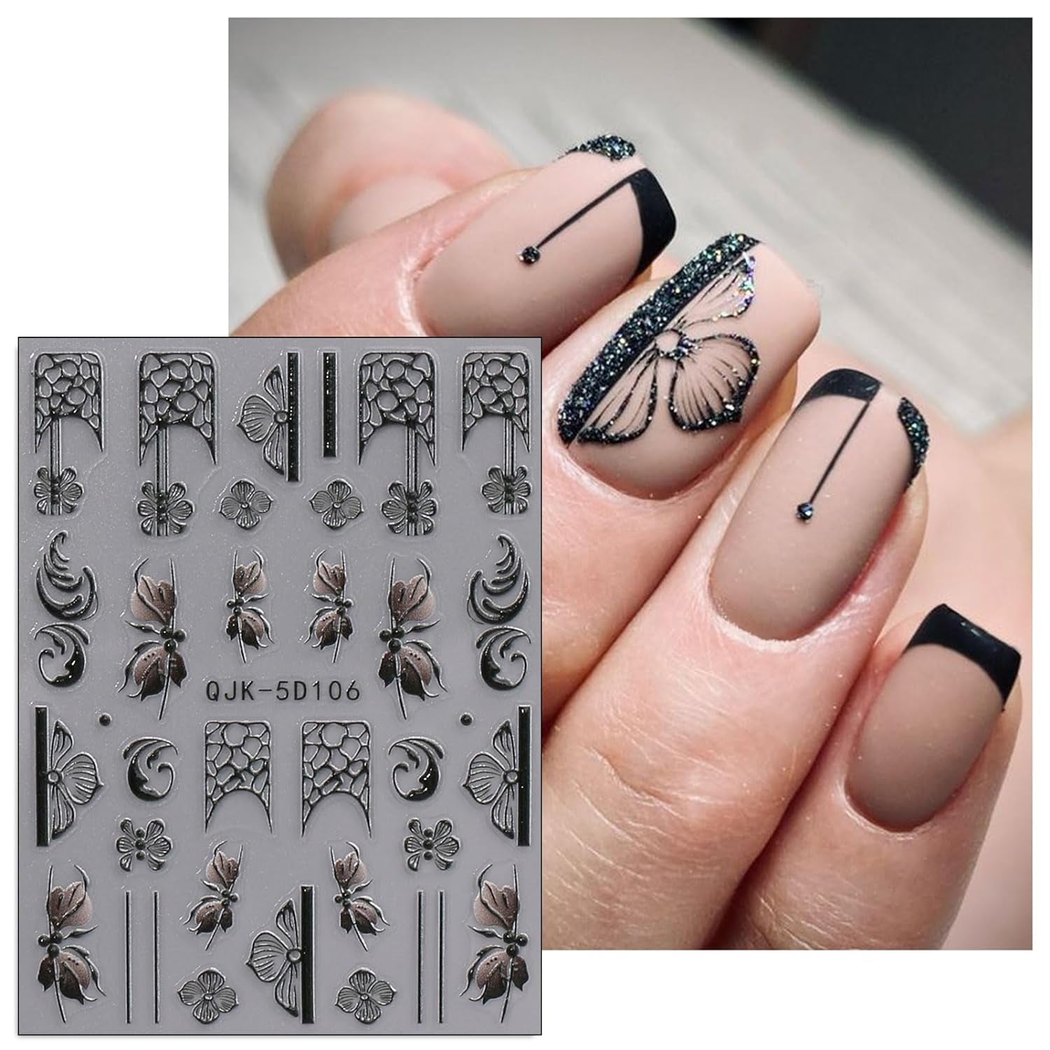 JMEOWIO 3D Nagelsticker Schwarz Weiß Blume Nail Art Naklejka Selbstklebend Nagelaufkleber 5D Stereoskopisch Blumen Dekoration Nageldesign Zubehör 4 Blatt