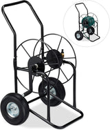 Wózek na wąż Relaxdays, mobilny bęben na wąż, przyłącze 1/2" i 3/4", wąż do 80 m, 2 koła, metal, czarny
