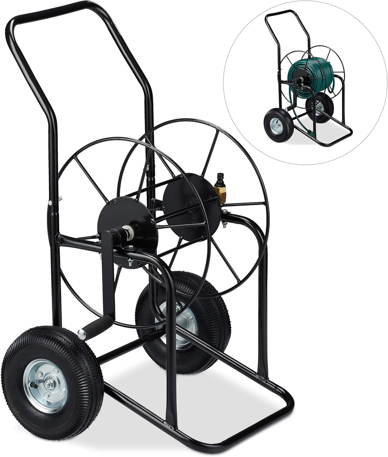 Wózek na wąż Relaxdays, mobilny bęben na wąż, przyłącze 1/2" i 3/4", wąż do 80 m, 2 koła, metal, czarny