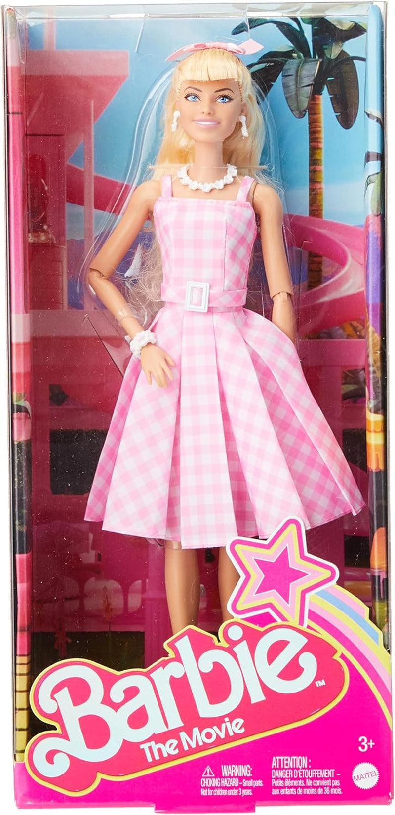 Lalka Barbie Lalka filmowa w różowo-białej sukience i naszyjniku w kształcie stokrotki Margot Robbie Kolekcjonerska zabawka dla 3 lat HPJ96