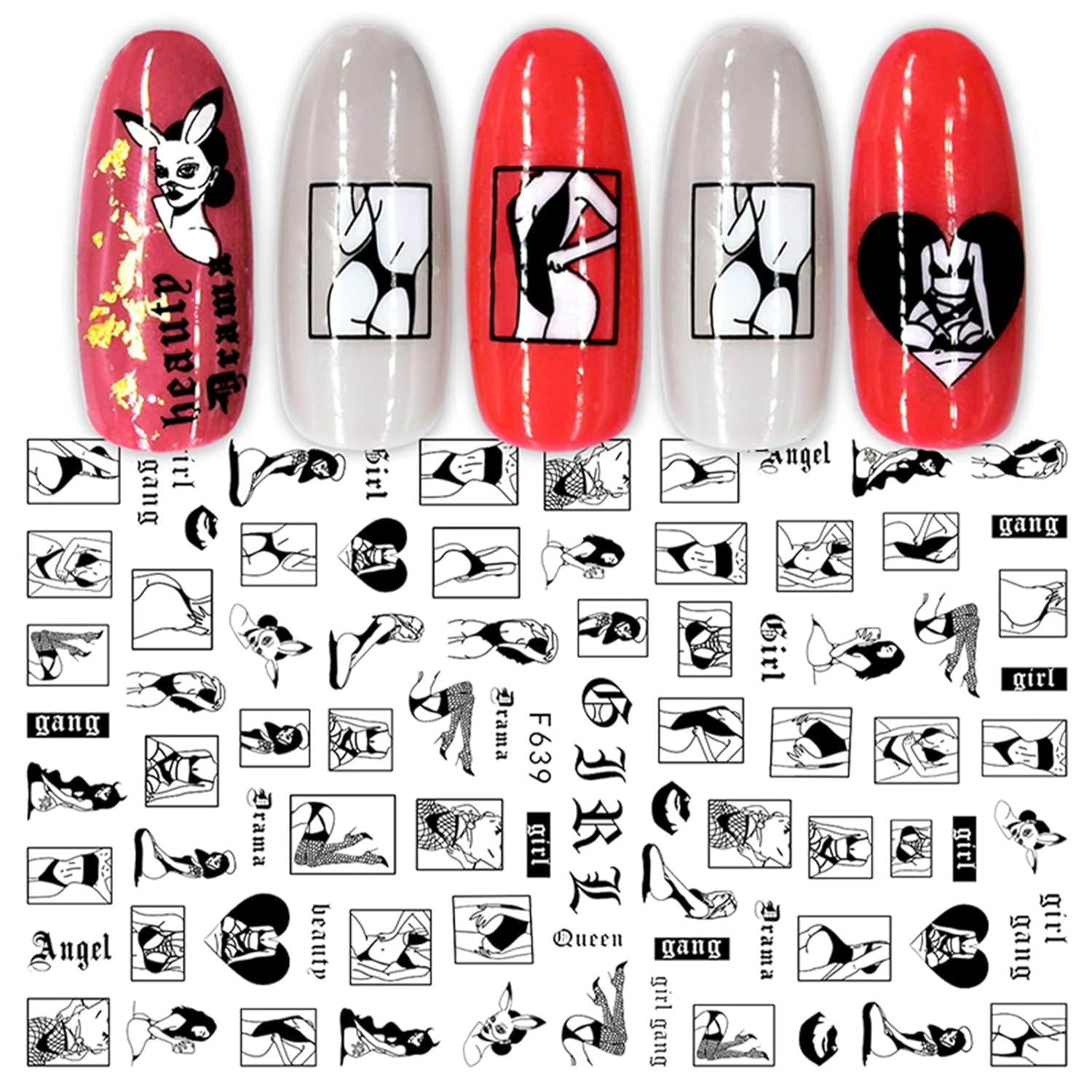 JMEOWIO Nagelsticker Geometria 10 Blatt Nagelaufkleber Selbstklebend Schwarzes Herz Unregelmäßig Geformt Nail Art Naklejka Dekoracja Nageldesign Zubehör