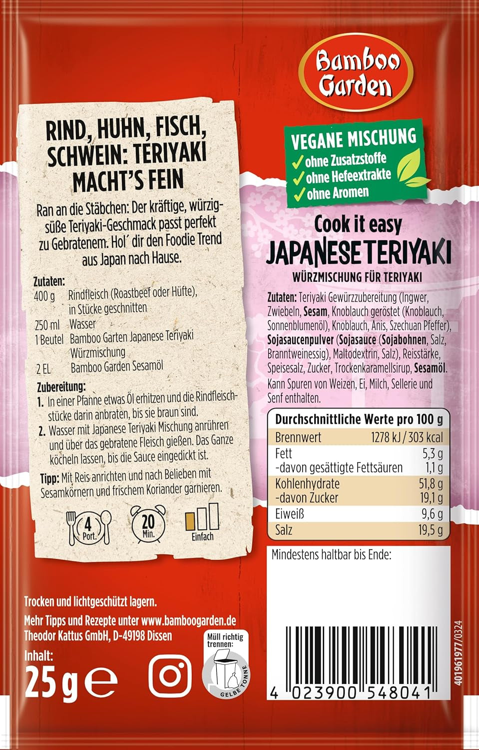 Bamboo Garden - Teriyaki Seasoning Mix , Gewürzmischung für Teriyaki , Für 4 Portionen , Ohne Geschmackverstärker und Konservierungsstoffe , 1 x 25 g (Verpackungsdesign kann abweichen)