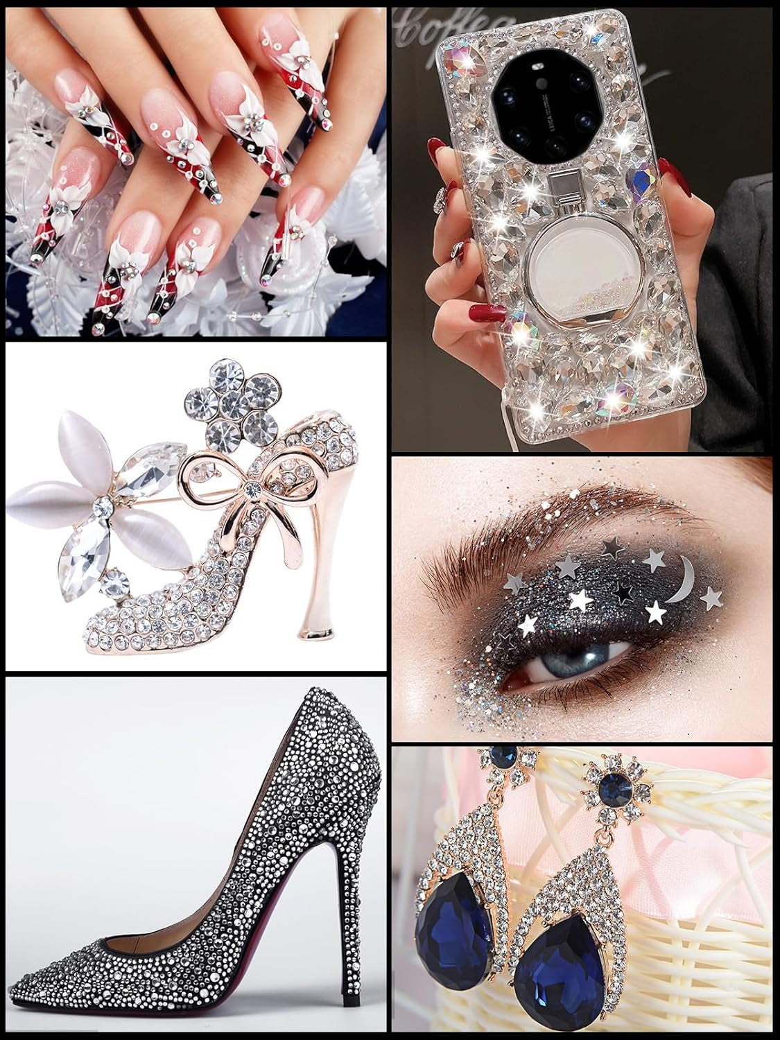 EBANKU Nail Art Strass Kit Multi Design Zubehör Mit 1 Pinzetten 1 Stück Wachsstifte Deko Diamanten Kristalle Perlen Edelsteine ​​​​Bunt Pferdeaugen Strass Metall Nieten Für Nagel DIY (1 Stück (opakowanie 10Er))