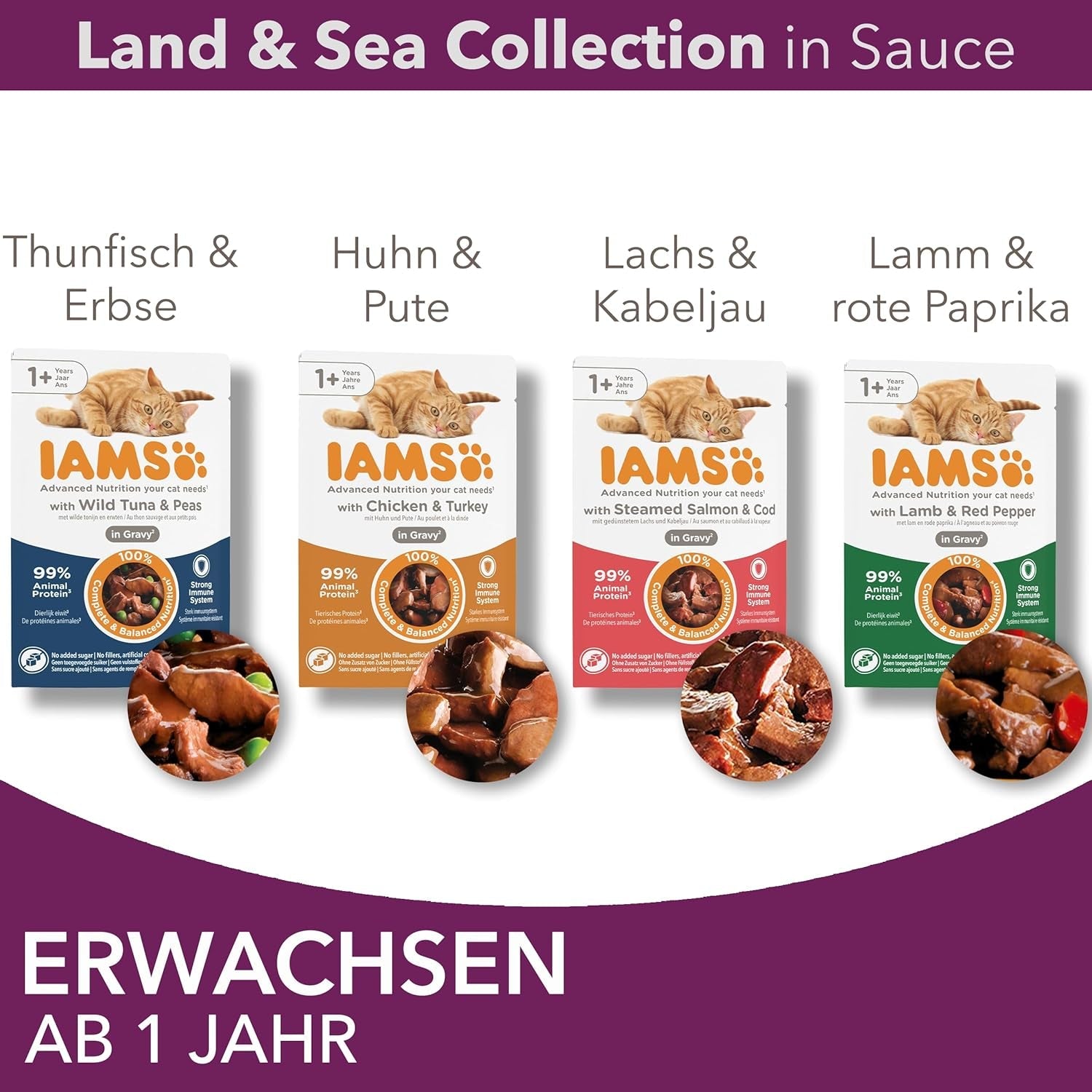 IAMS Delights Land & Sea Collection Mokra karma dla kotów - asortyment mięs i ryb Opakowanie zbiorcze w sosie, mokra karma dla kotów od 1 roku życia, 12 x 85 g