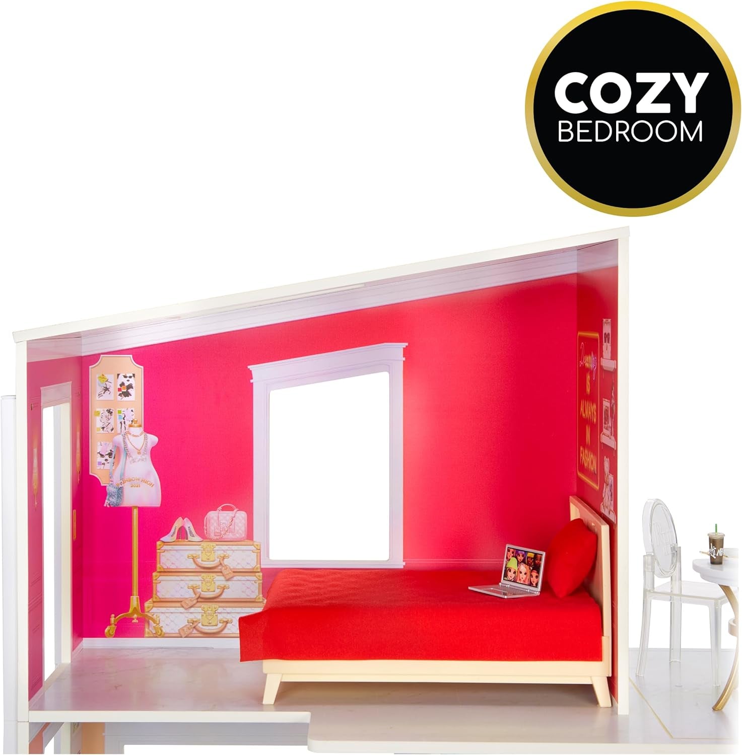 Rainbow High Townhouse – 3-piętrowy drewniany domek dla lalek z 5 kolorowymi pokojami i tarasem – w pełni umeblowany dom z windą i funkcjonalnymi akcesoriami – zabawka dla dzieci w wieku 4–12+ lat Naty Shop Dollhouses