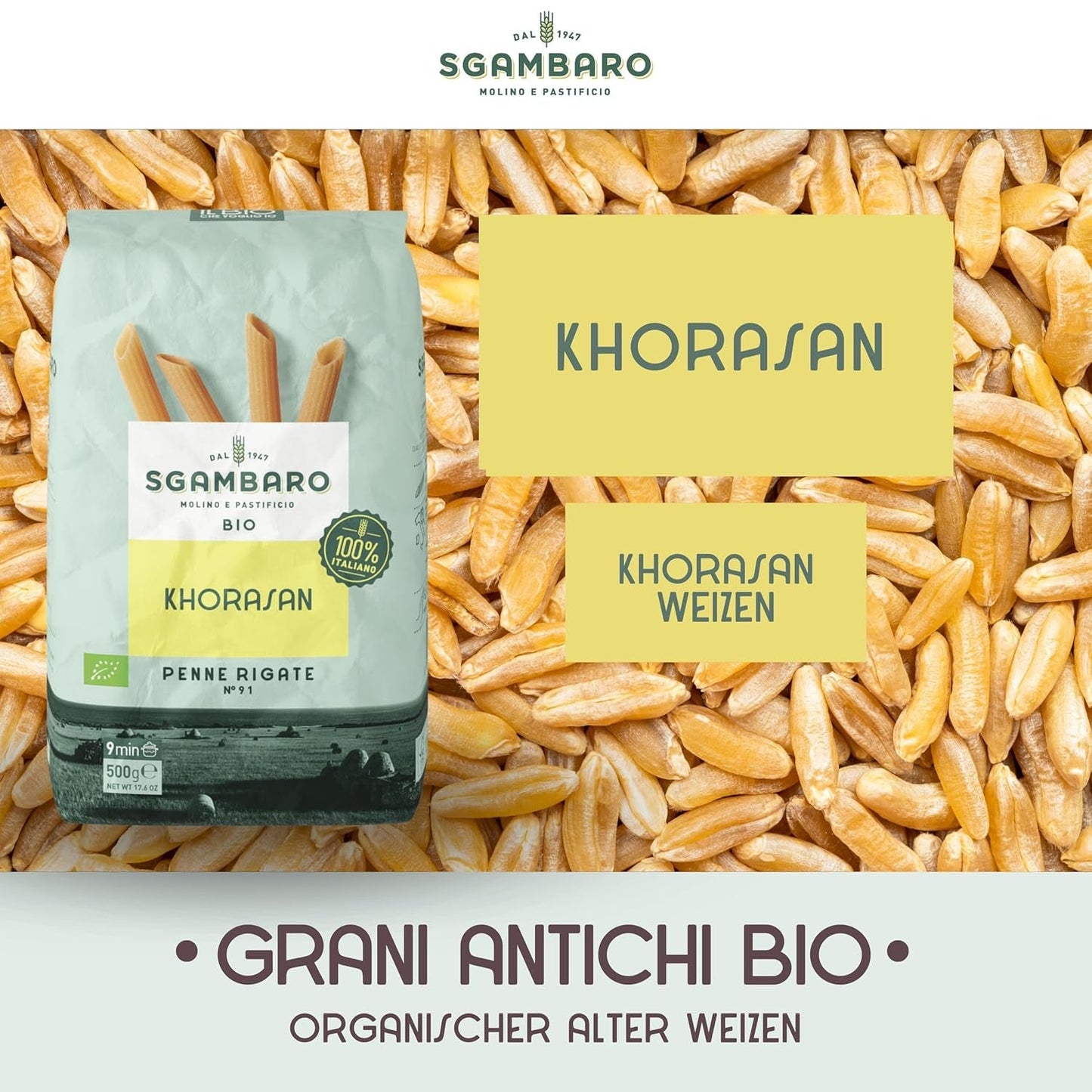 Organiczny makaron Penne Rigate N.91 - 500g z pszenicy Khorasan - Starożytna pszenica, bogata w białko, w 100% uprawiana we Włoszech - Wszechstronny w kuchni i bogaty w składniki odżywcze