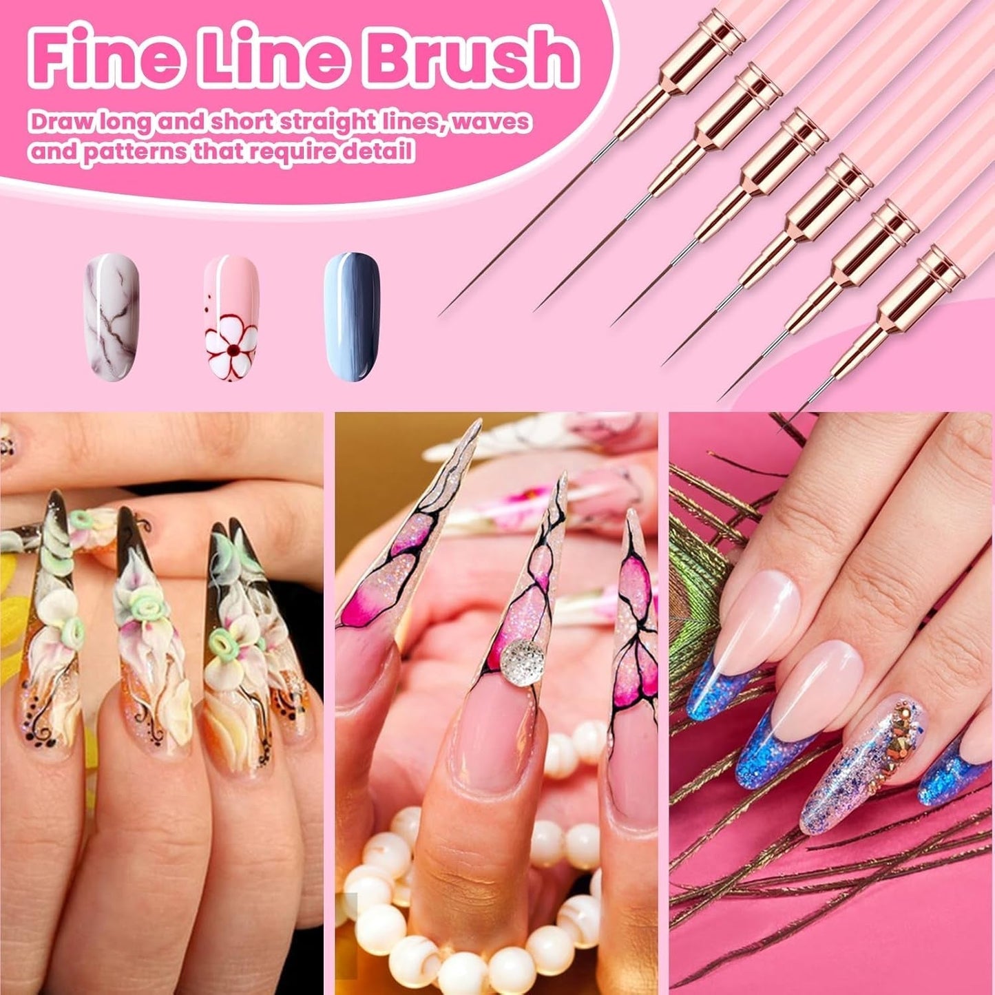 6 Stück Liner Pinsel Nailart Nageldesign Zestaw Pinsel Dünn Acryl Nagelpunkt-Zeichenwerkzeug Nägel Dünne Nagelpinsel Zestaw Für Lange Linien, Dünne Detale, Feines Zichnen 5/7/9/11/15/25 Mm（Rosa）