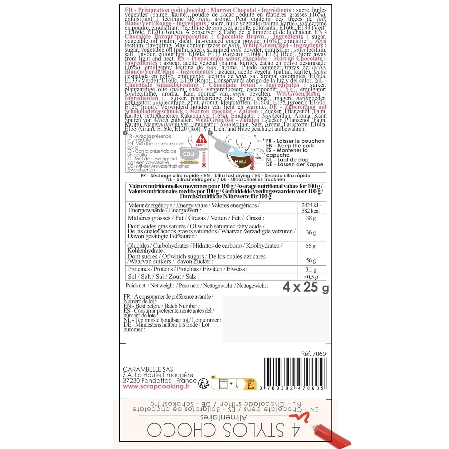 Scrapcooking - zestaw 4 świątecznych kredek czekoladowych - brązowy, biały, zielony i czerwony - jadalna kolorystyka - barwnik spożywczy do pisania - pisz i rysuj na deserach, ciastach i ciasteczkach - 7060