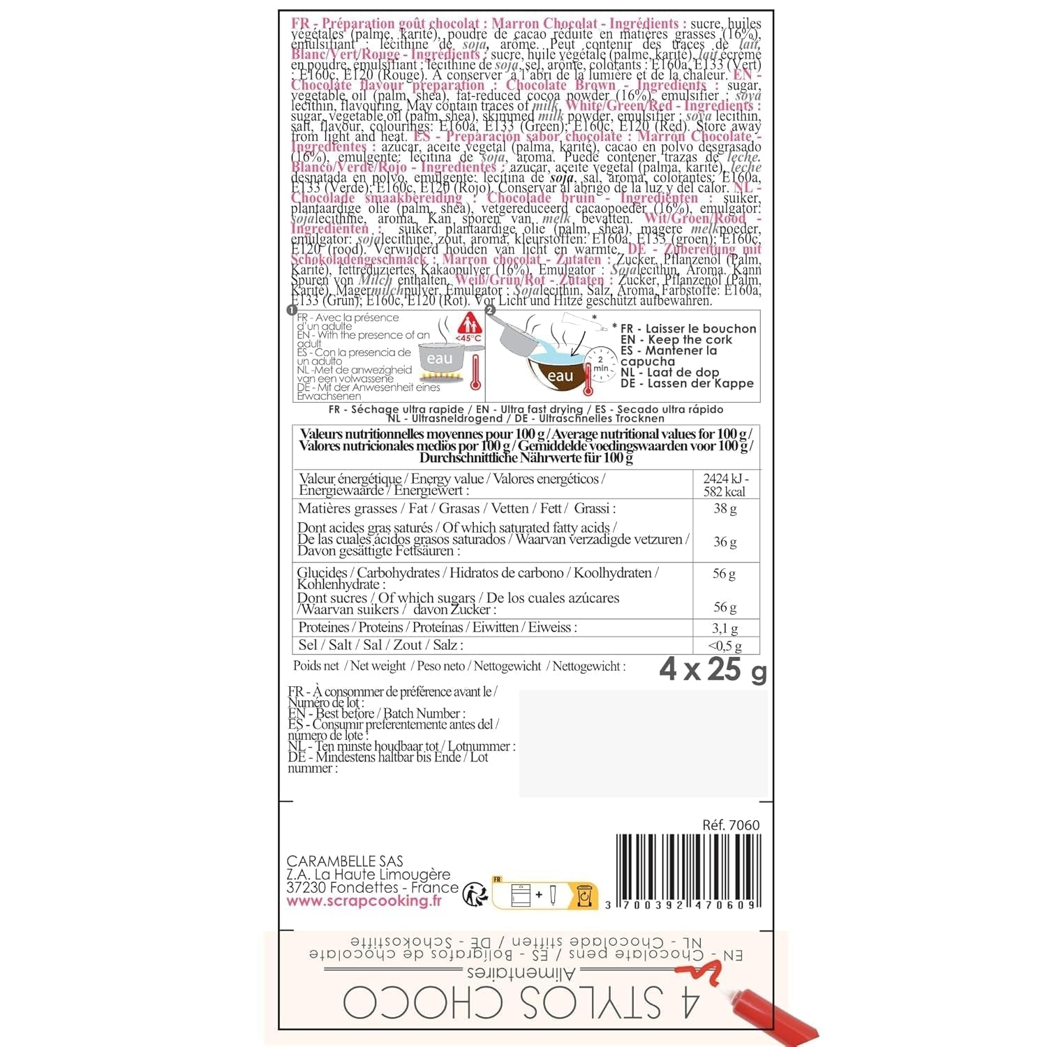 Scrapcooking - zestaw 4 świątecznych kredek czekoladowych - brązowy, biały, zielony i czerwony - jadalna kolorystyka - barwnik spożywczy do pisania - pisz i rysuj na deserach, ciastach i ciasteczkach - 7060