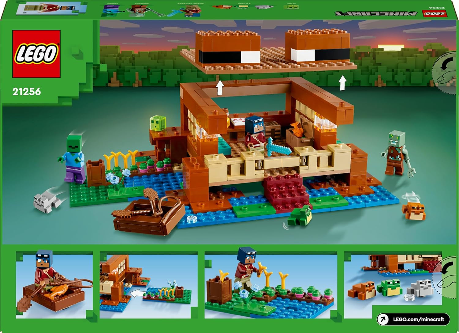 LEGO Minecraft Dom Żabi, zabawkowy domek z figurkami zombie, śluzu i tonącego człowieka oraz akcesoriami, takimi jak zabawkowa łódka i stół warsztatowy, prezent dla chłopców i dziewcząt od 8 lat 21256 Zestawy do budowania Besuche den LEGO-Store