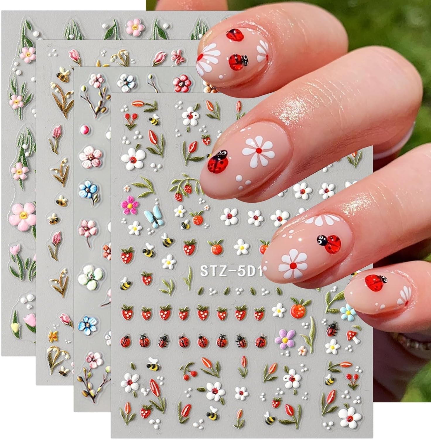 JMEOWIO 3D Nagelsticker Blumen Frucht Nail Art Naklejka Selbstklebend Nagelaufkleber 5D Stereoskopisch Dekoration Nageldesign Zubehör 4 Blatt