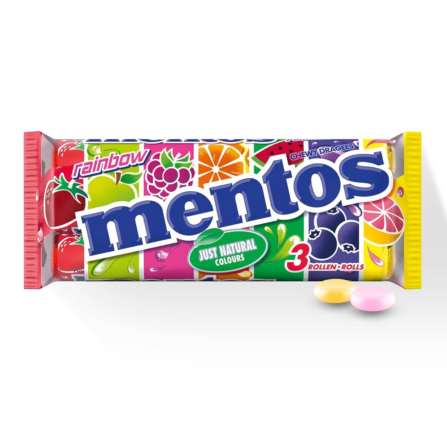 Mentos Drażeki owocowe Pomarańcza Cytryna Truskawka Cukierki do żucia o smaku owocowym (3 bułki), wegańskie (3 sztuki w zestawie)