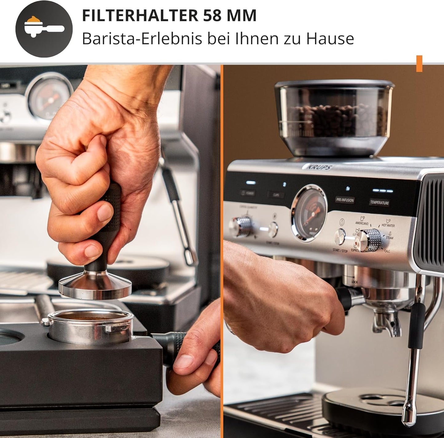 Ekspres ręczny Krups Precision z kolbą i młynkiem, ekspres barista z intuicyjnym panelem sterowania, ustawieniami wstępnego zaparzania, ekspres z dyszą parową, szybkie nagrzewanie, XP801T10