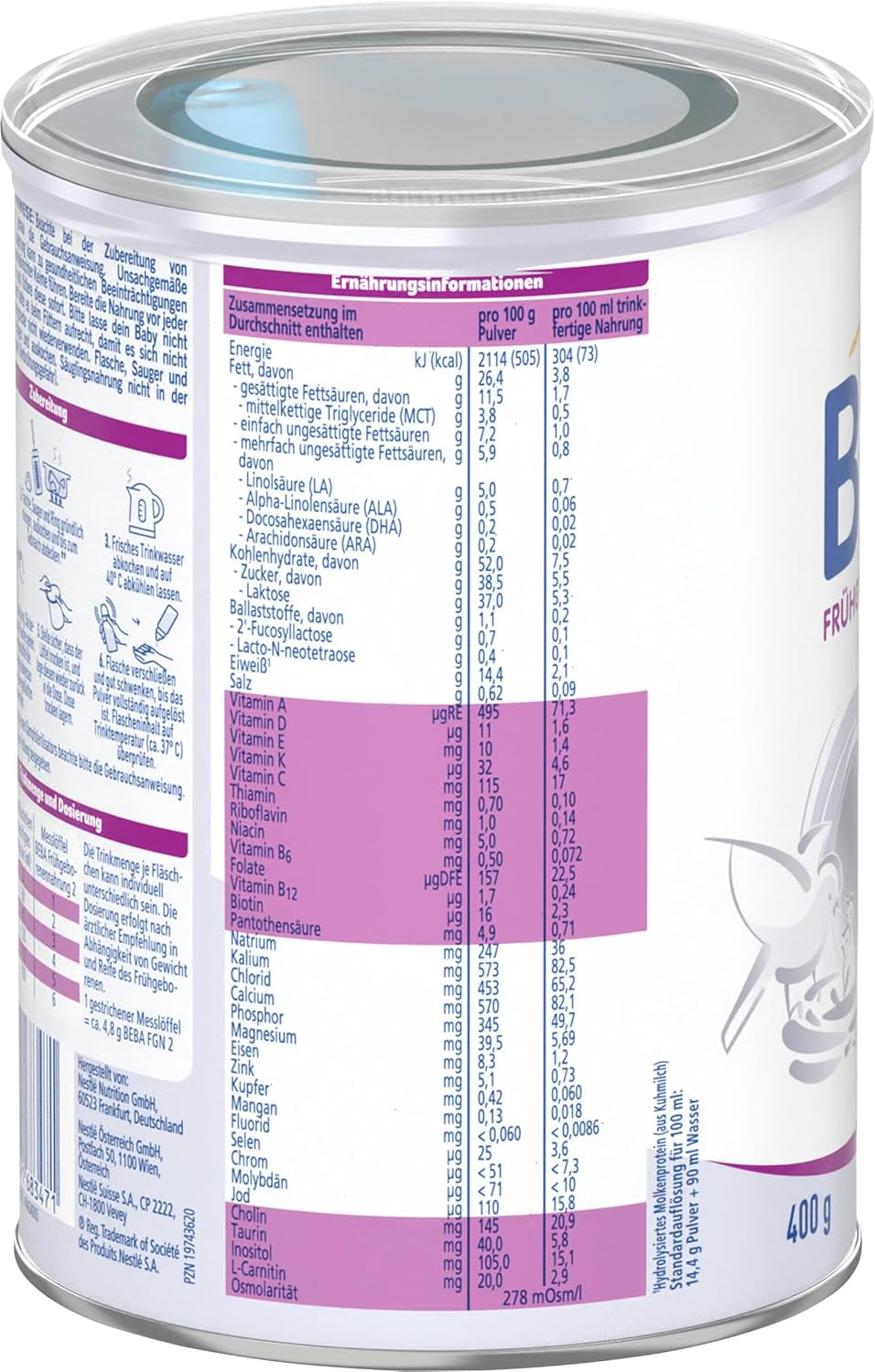 BEBA Premature Infant Formula Stage 2 - Wcześniaki po wypisie ze szpitala, żywność dla niemowląt, mleko w proszku dla niemowląt, 1 opakowanie (1 x 400 g)