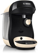Bosch Tassimo Happy Friendly TAS107E Ekspres na kapsułki do espresso, ponad 70 napojów, odpowiedni do wszystkich filiżanek, Auto-Stop, zrównoważony rozwój, idealne dozowanie, oszczędność miejsca, 1400 W, kremowy/czarny