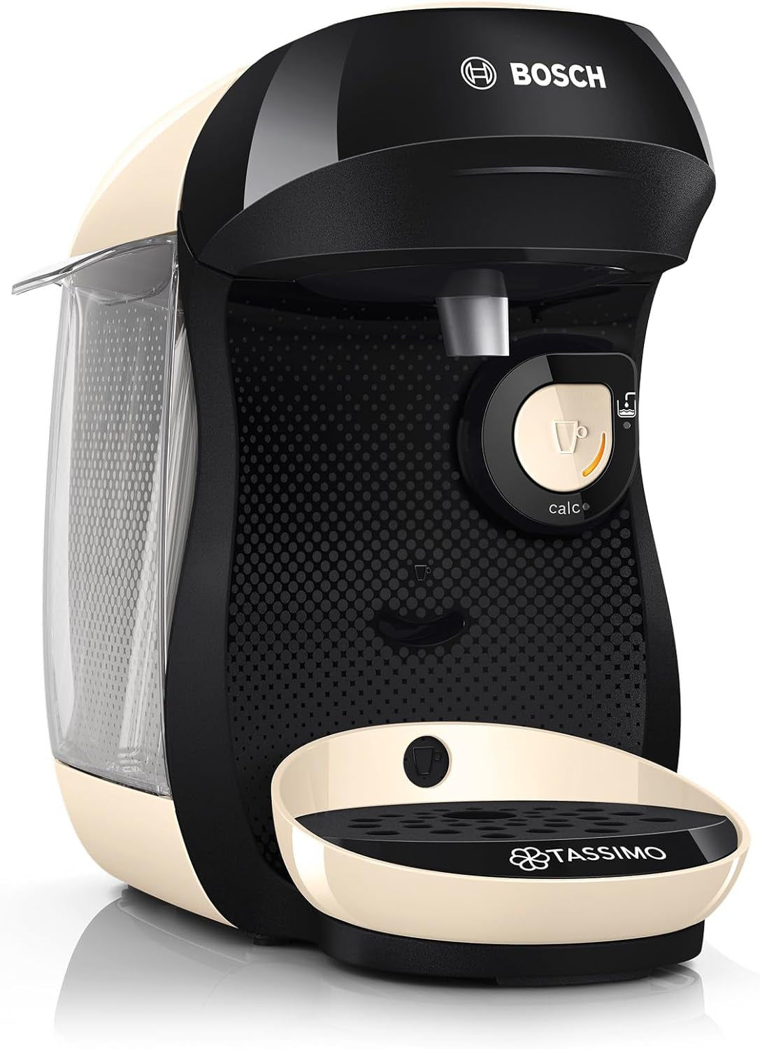 Bosch Tassimo Happy Friendly TAS107E Ekspres na kapsułki do espresso, ponad 70 napojów, odpowiedni do wszystkich filiżanek, Auto-Stop, zrównoważony rozwój, idealne dozowanie, oszczędność miejsca, 1400 W, kremowy/czarny