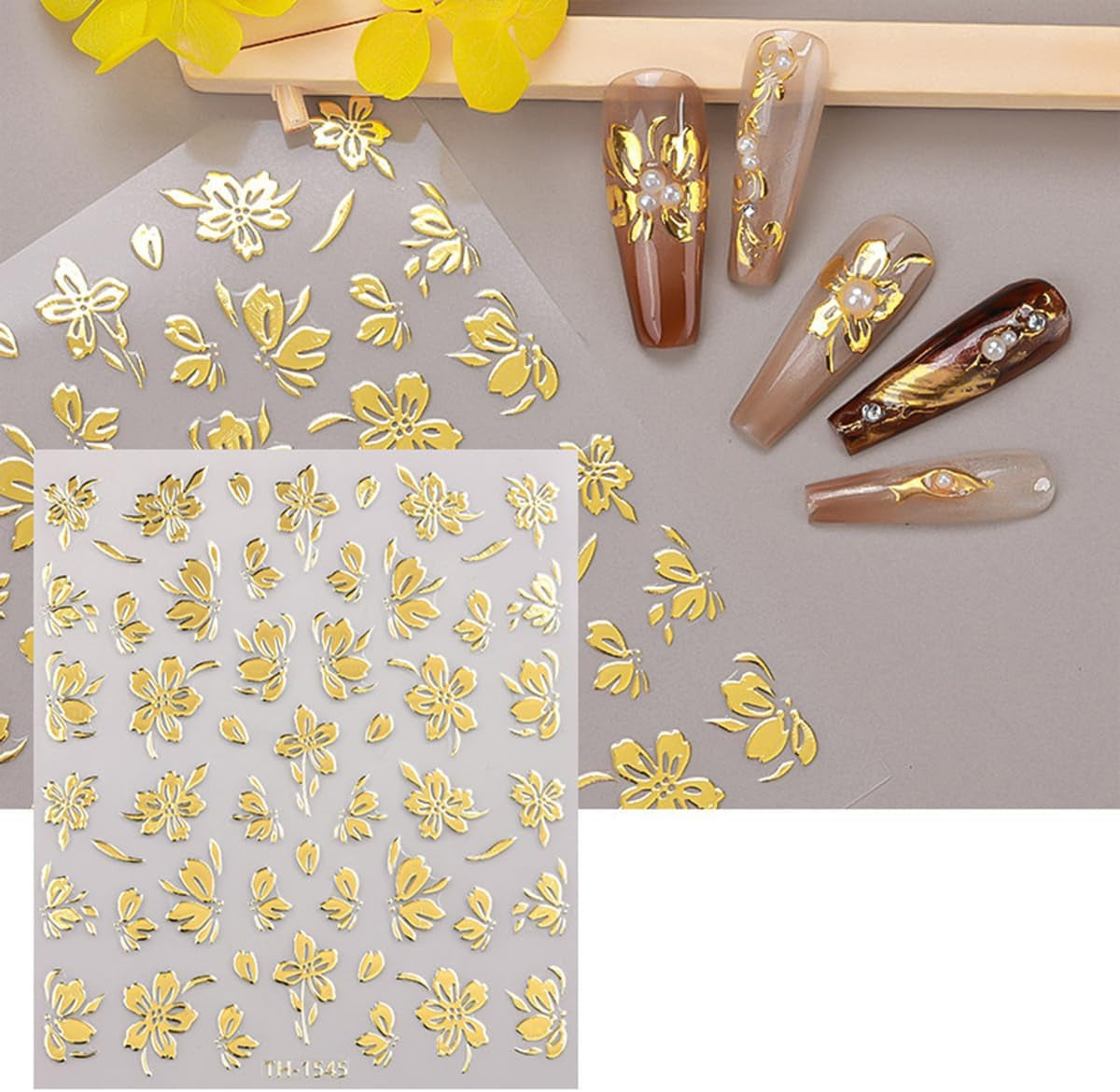 JMEOWIO Nagelsticker Goldene Blumen 8 Blatt Nail Art Naklejka Selbstklebend Nagelaufkleber Dekoration Nageldesign Zubehör