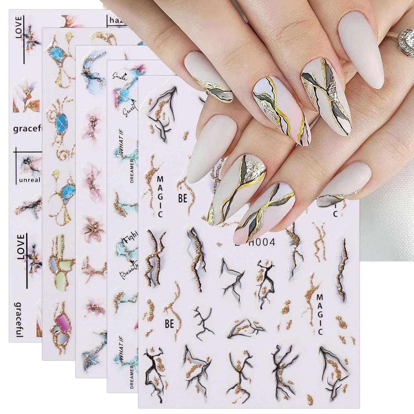 Jmeowio JMEOWIO Nagelsticker Marmor Französische Spitze 10 Blatt Nail Art Naklejka Selbstklebend Nagelaufkleber Bunt Dekoration Nageldesign Zubehör