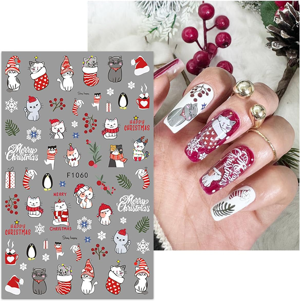 JMEOWIO Nagelsticker Weihnachten 10 Blatt Nail Art Naklejka Selbstklebend Nagelaufkleber Schneeflocke Winter Urlaub Süß Dekoration Nageldesign Zubehör