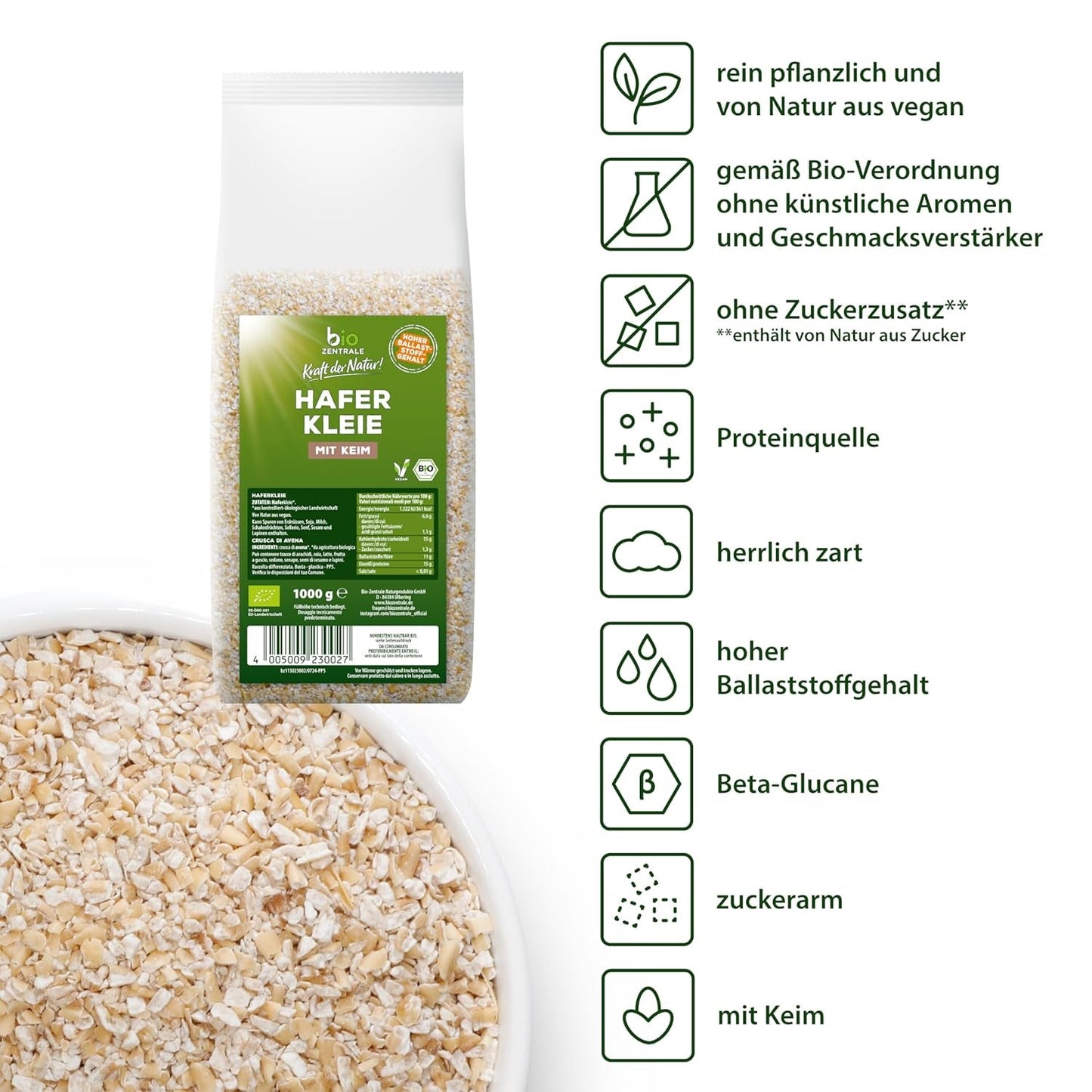 Biocentralne organiczne otręby owsiane 1 kg | Korzystny pakiet | Źródło białka o wysokiej zawartości błonnika | Naturalnie wegańskie | Z rolnictwa UE | Niska zawartość cukru