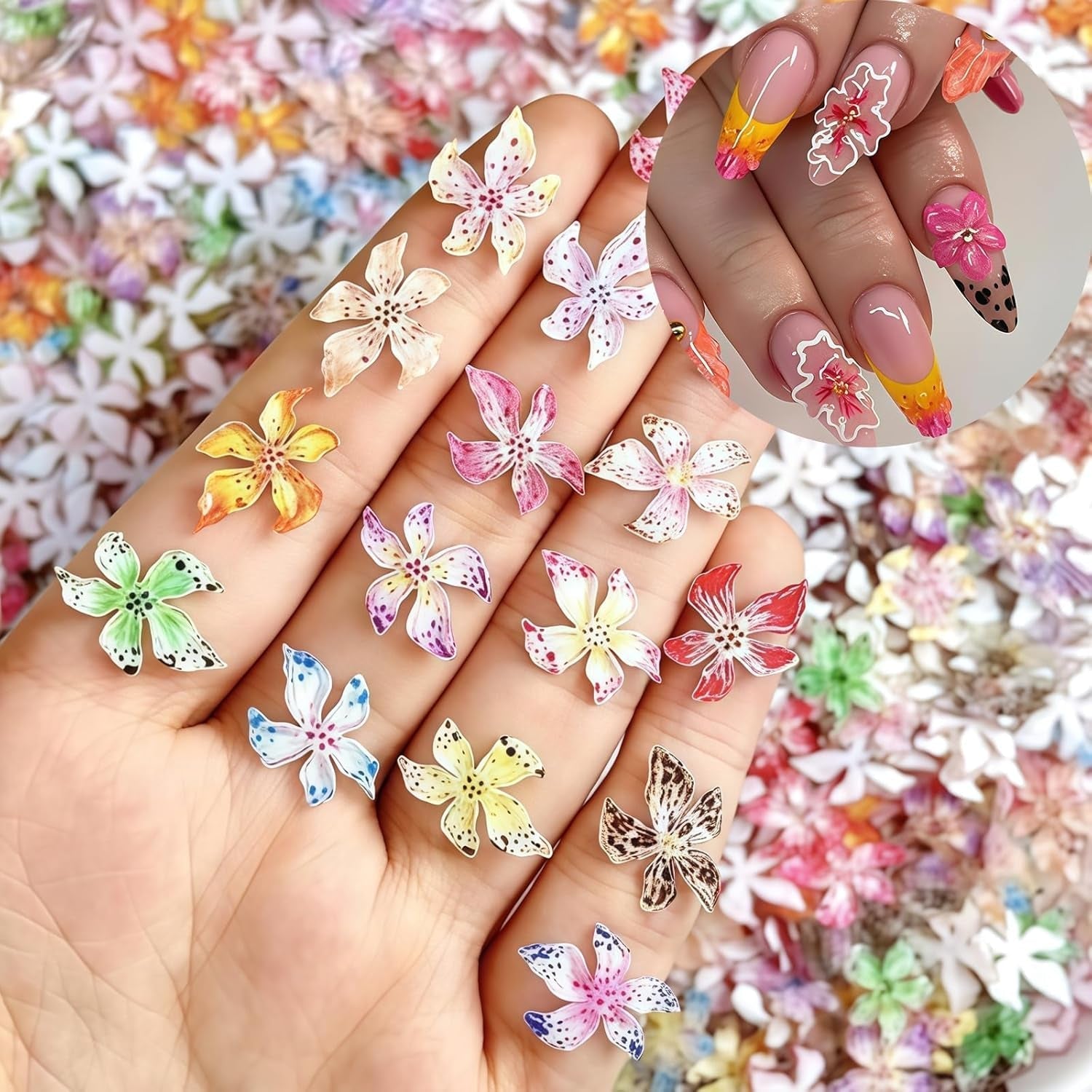 Zestaw 50 Stück 3D Blume Nail Charms, Bunte Nageldesign Zubehör, Nägel Charms i Nagel Art Charms, Perfekt Für Nailart, Maniküre Dekoration i DIY Nageldesign