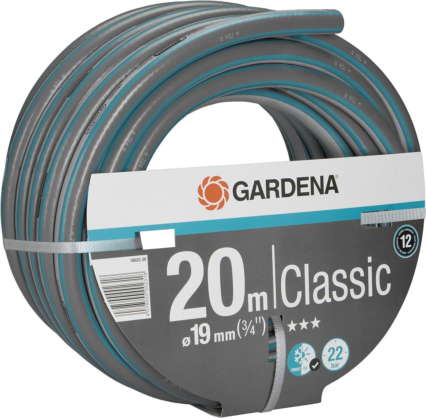 Gardena Classic Wąż 19 mm (3/4 cala), 20 m: Uniwersalny wąż ogrodowy z wytrzymałej tkaniny, tkany krzyżowo, ciśnienie rozrywające 22 bar, odporny na promieniowanie UV, brak elementów systemowych, 12 lat gwarancji (18022-20)