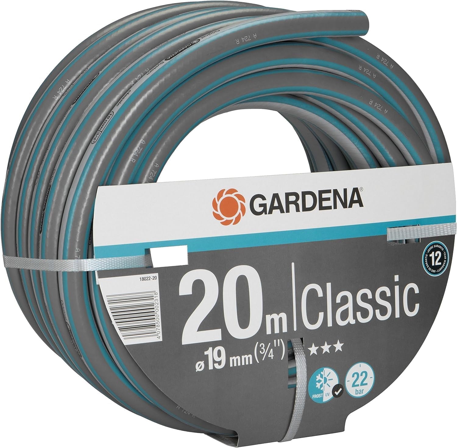 Gardena Classic Wąż 19 mm (3/4 cala), 20 m: Uniwersalny wąż ogrodowy z wytrzymałej tkaniny, tkany krzyżowo, ciśnienie rozrywające 22 bar, odporny na promieniowanie UV, brak elementów systemowych, 12 lat gwarancji (18022-20)