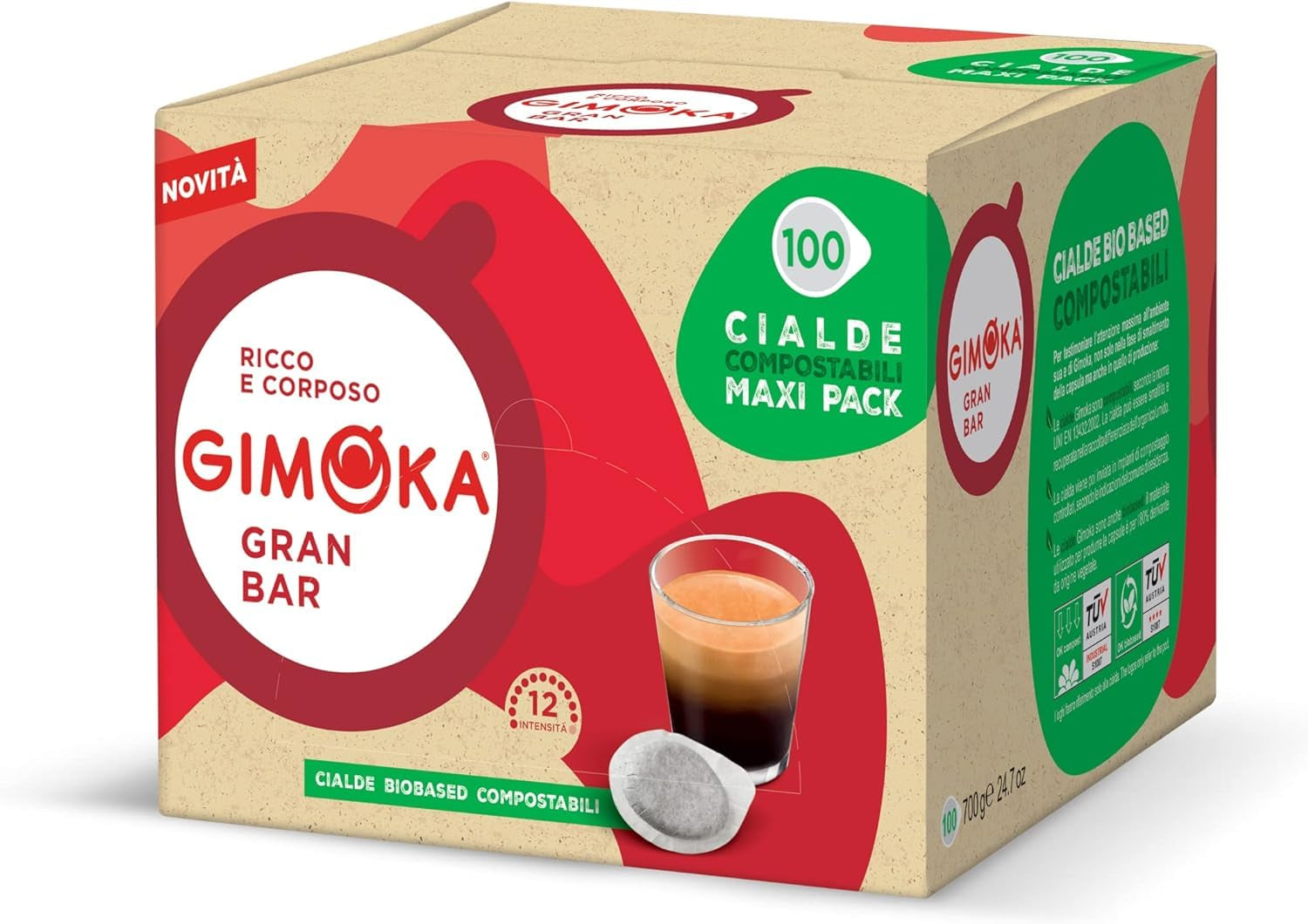Gimoka Kompostierbare Kaffeepads, Gran Bar Intenso Kaffeemischung, Intensität 12-100 Pads - Kompatybilne z papierowymi podkładkami ESE System 44 mm