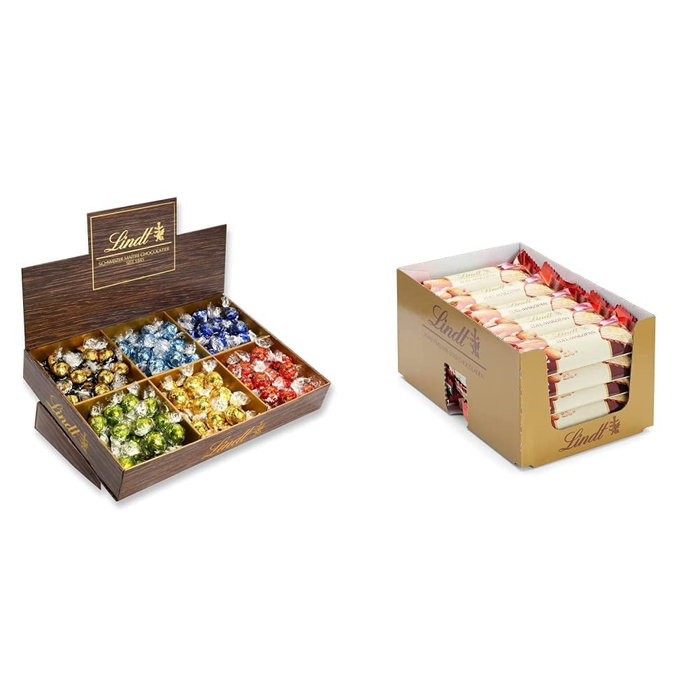 Prezentacja topu czekoladowego Lindor | 1718 g i tabliczki czekolady z marcepanem | 25 batonów x 50g w displayu naladowym | 1250 g | Czysty marcepan oblany ciemną czekoladą | Batony czekoladowe