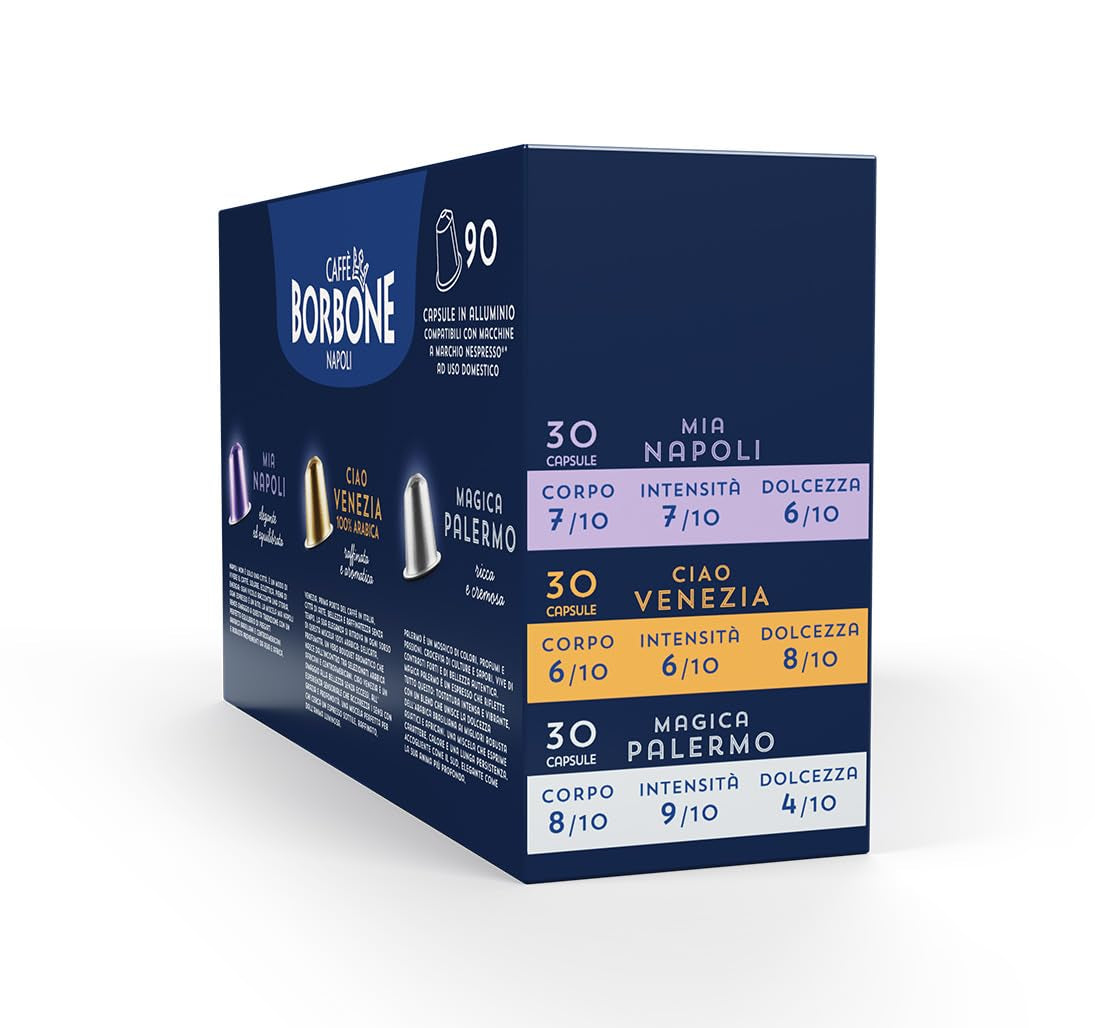 Zestaw Caffè Borbone Verkostung, 90 kapsułek aluminiowych: 30 Mia Napoli, 30 Ciao Venezia, 30 Magica Palermo, (3 x 30 Stück) – Kompatybilny z Kaffeemaschinen für den Hausgebrauch marki Nespresso®*