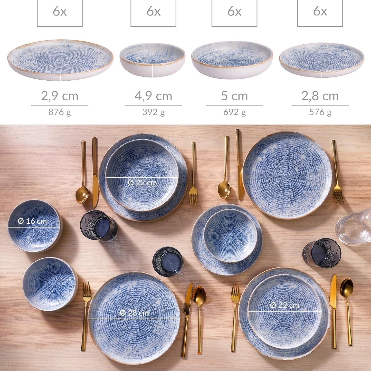 Zestaw naczyń obiadowych z kamionki w stylu vintage Azure na 6 - 24 sztuki - białe i niebieskie paski, wytłoczona powierzchnia - można myć w zmywarce, piekarniku i kuchence mikrofalowej