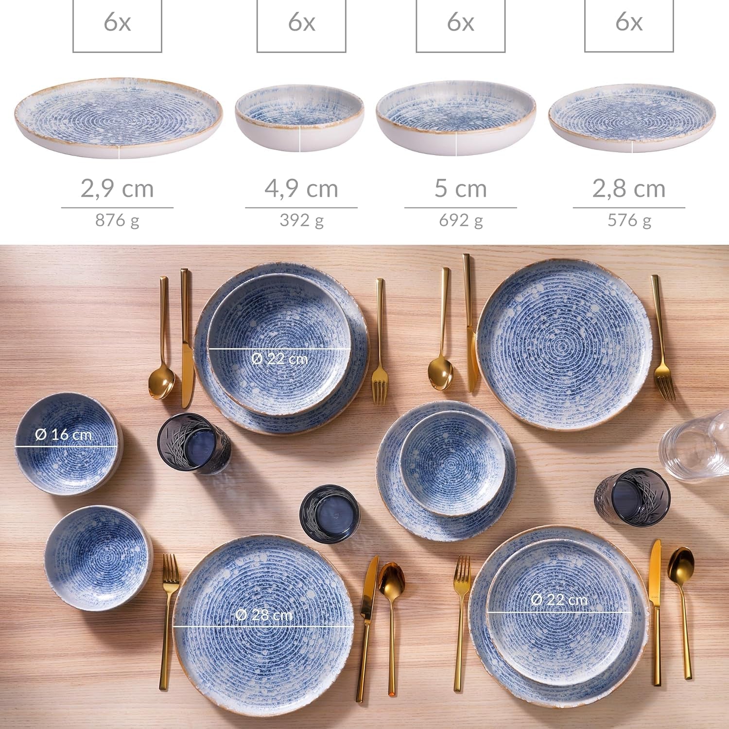 Zestaw naczyń obiadowych z kamionki w stylu vintage Azure na 6 - 24 sztuki - białe i niebieskie paski, wytłoczona powierzchnia - można myć w zmywarce, piekarniku i kuchence mikrofalowej