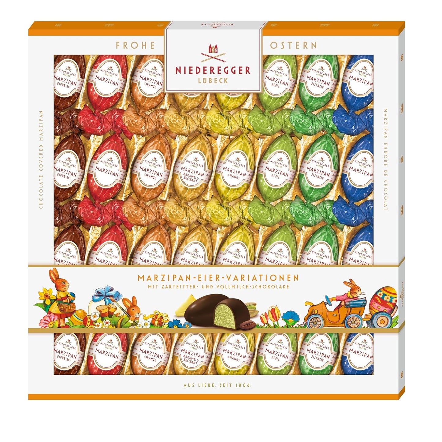 Niederegger | Jajka marcepanowe | 1 x 400g | Warianty: Klasyczny, Czekolada Mleczna, Pomarańcza, Chrupiący Karmel, Ananas, Jabłko, Espresso i Pistacja | Oblane gorzką i mleczną czekoladą | Prezent wielkanocny