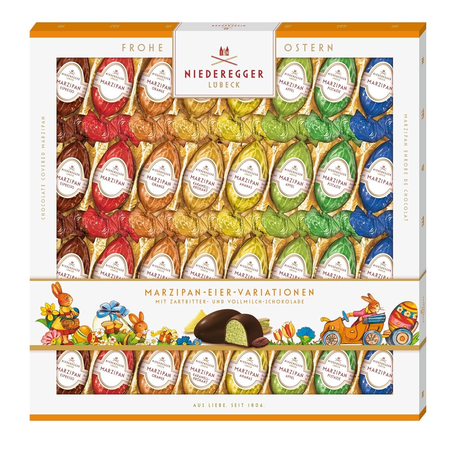 Niederegger | Jajka marcepanowe | 1 x 400g | Warianty: Klasyczny, Czekolada Mleczna, Pomarańcza, Chrupiący Karmel, Ananas, Jabłko, Espresso i Pistacja | Oblane gorzką i mleczną czekoladą | Prezent wielkanocny