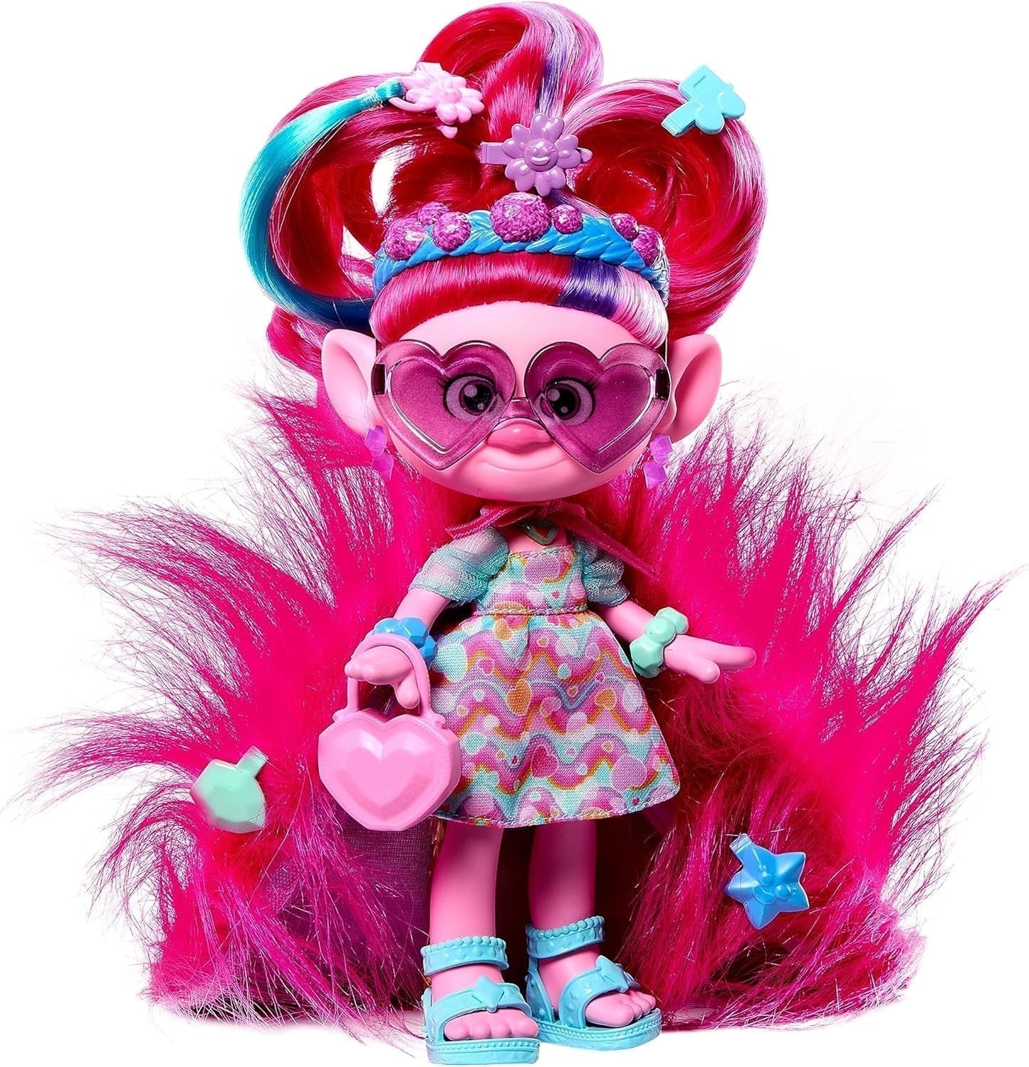 Mattel DREAMWORKS TROLLS Together Strong - smaczna lalka z modnymi włosami - królowa maków - ponad 15 akcesoriów, brokatowy grzebień, zmywalny brokatowy żel, wiek + 3 lata HNF25 Naty Shop Poppy Dolls Pluszowe futrzane włosy