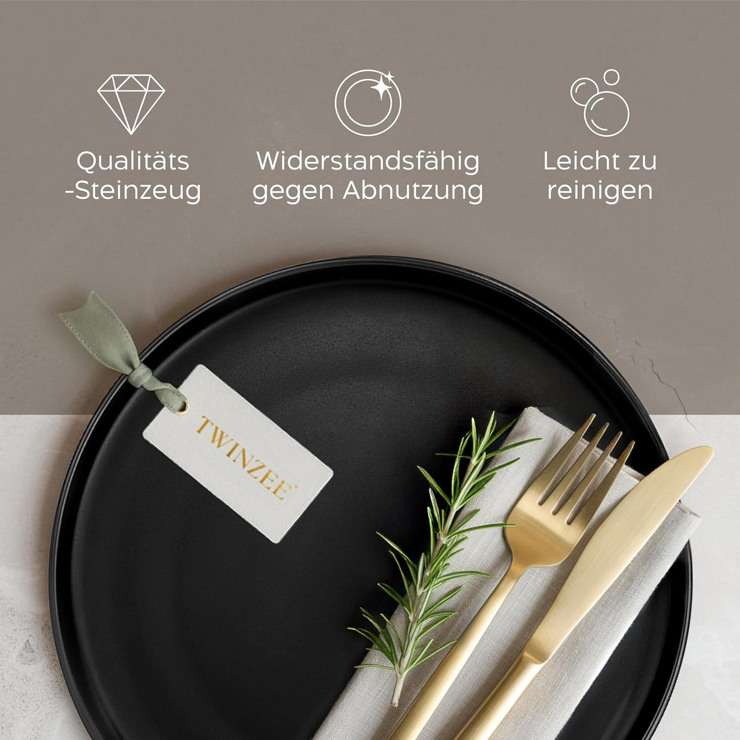 Zestaw talerzy kamionkowych na 6 osób – matowy czarny 6-częściowy zestaw Duże talerze nadające się do użytku w kuchence mikrofalowej Elegancki design – kolekcja Twinzee Ebony