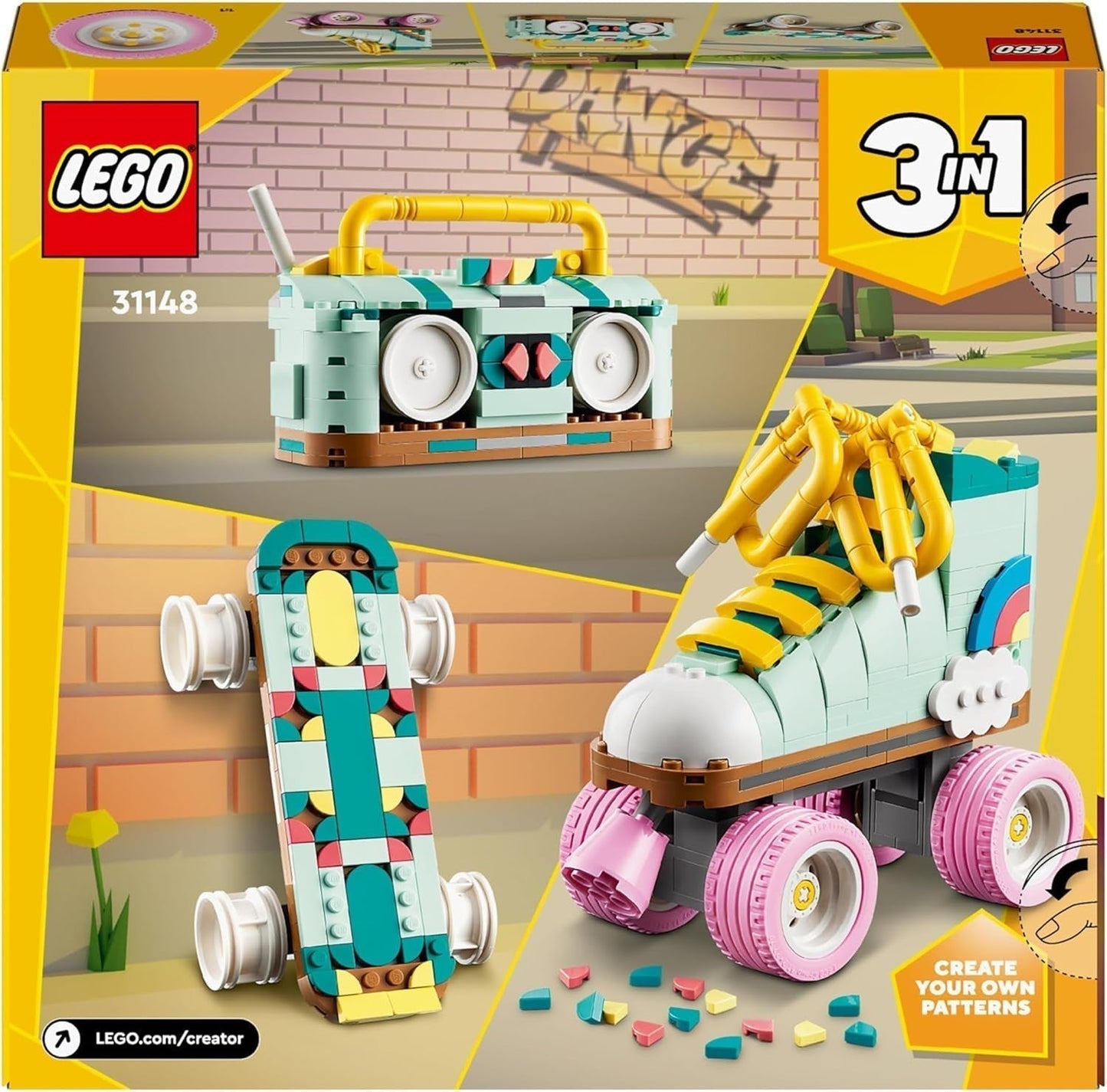 LEGO Creator Zabawka na rolkach 3 w 1 dla dziewcząt i chłopców z mini deskorolką i boomboxem, dekoracja sypialni w stylu retro, prezent urodzinowy dla 8-latka 31148 Zestawy do budowania Besuche w sklepie LEGO