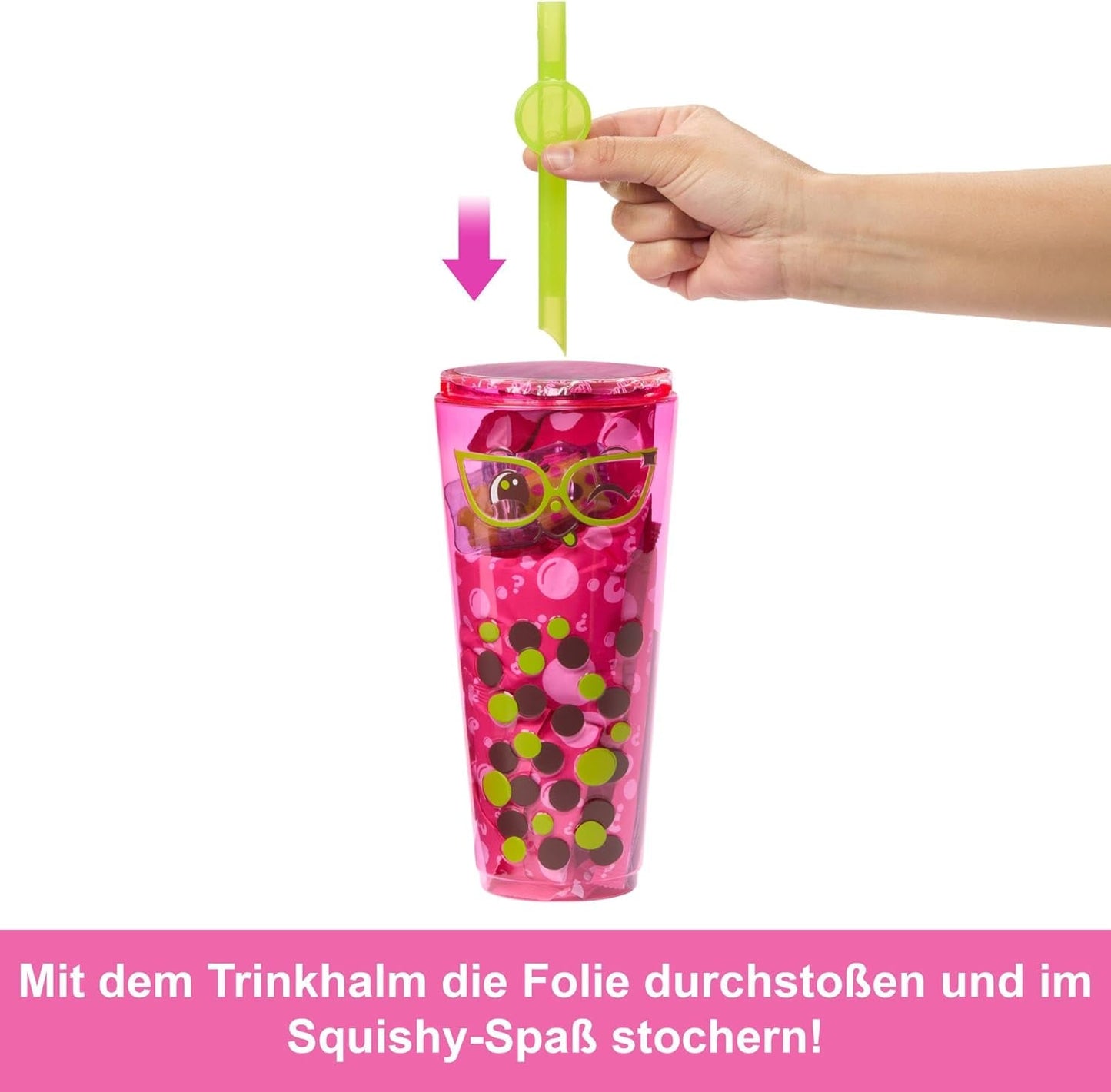 Barbie Pop Reveal Bubble Tea Lalka i akcesoria, Lalka modowa pachnąca Berry Bliss ze zwierzakiem, 8 niespodzianek, zawiera zmieniacz kolorów, kubek do przechowywania, HTJ20