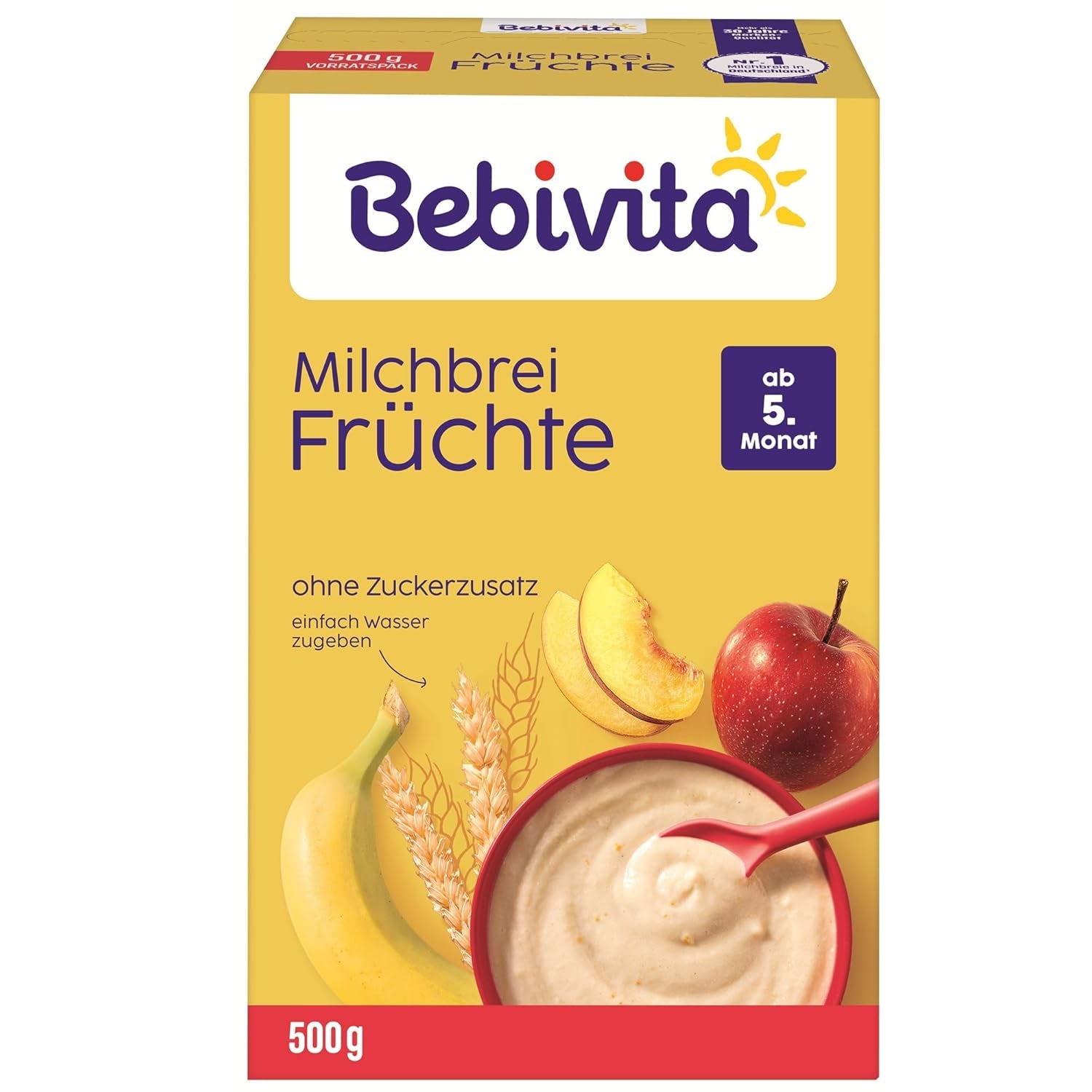 Kaszka mleczna z owocami (4x500g), od 5 miesiąca życia, bez dodatku cukru, z cennymi minerałami i witaminami, bardzo sycąca