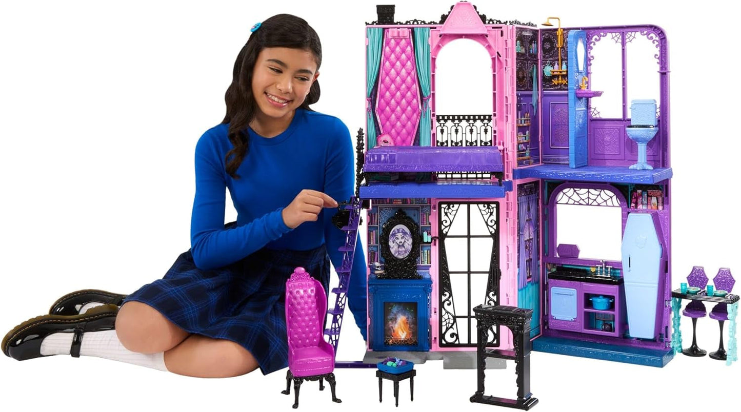 Hotelowy domek dla lalek Monster High Buh-tique, składany zestaw ze strasznymi niespodziankami w każdym pokoju i ponad 13 zestawów do zabawy, w tym meble i akcesoria, JBF16
