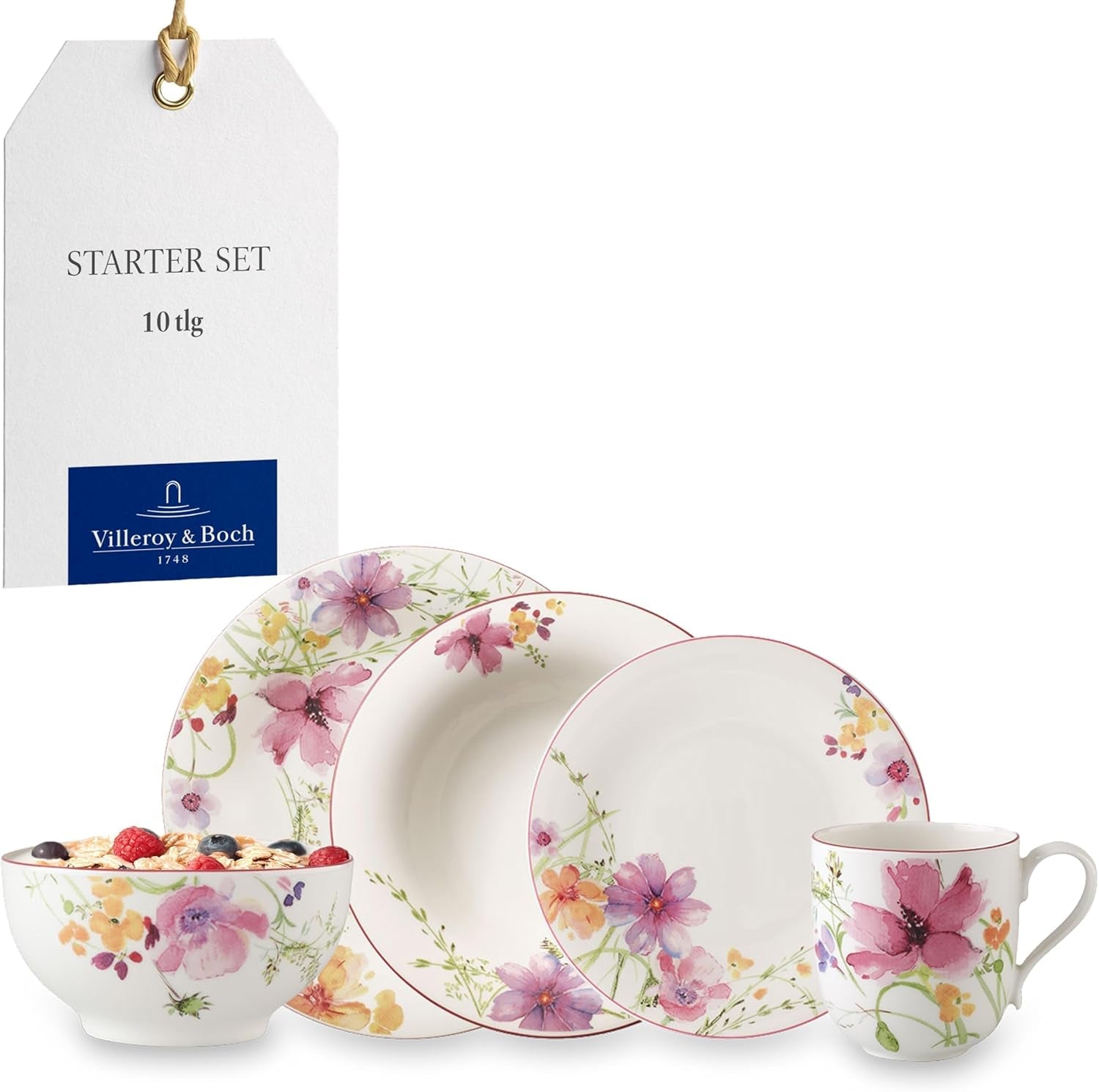Zestaw startowy Villeroy & Boch Mariefleur, różne kolory, można myć w zmywarce, można używać w kuchence mikrofalowej, zestaw obiadowy dla 2 osób, zestaw naczyń obiadowych w kwiaty, zastawa stołowa, zestaw kombinowany, porcelana premium