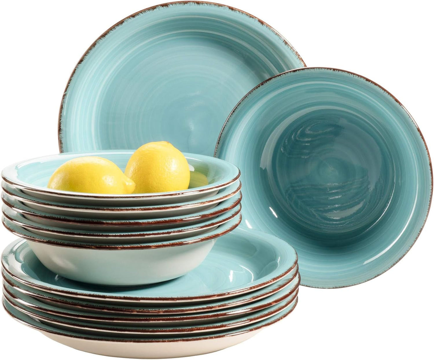 MĘSER Bel Tempo II Teller-Set für 6 Personen im modernen Vintage Look, 12-teiliges Tafelservice, handbemalt, Türkis, Steingut, 27 centymetrów